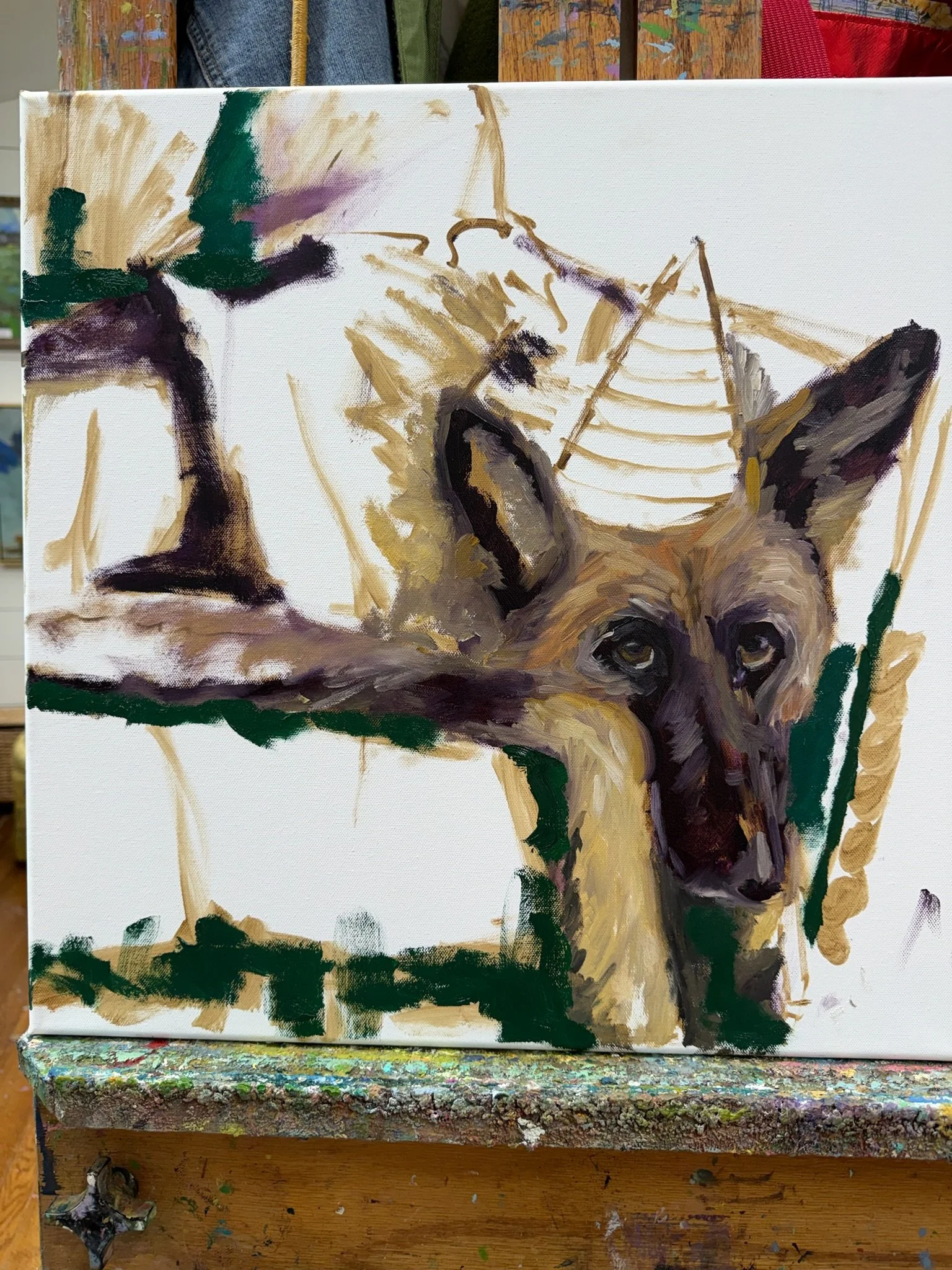 an oil painting of a german shepherd in progress
