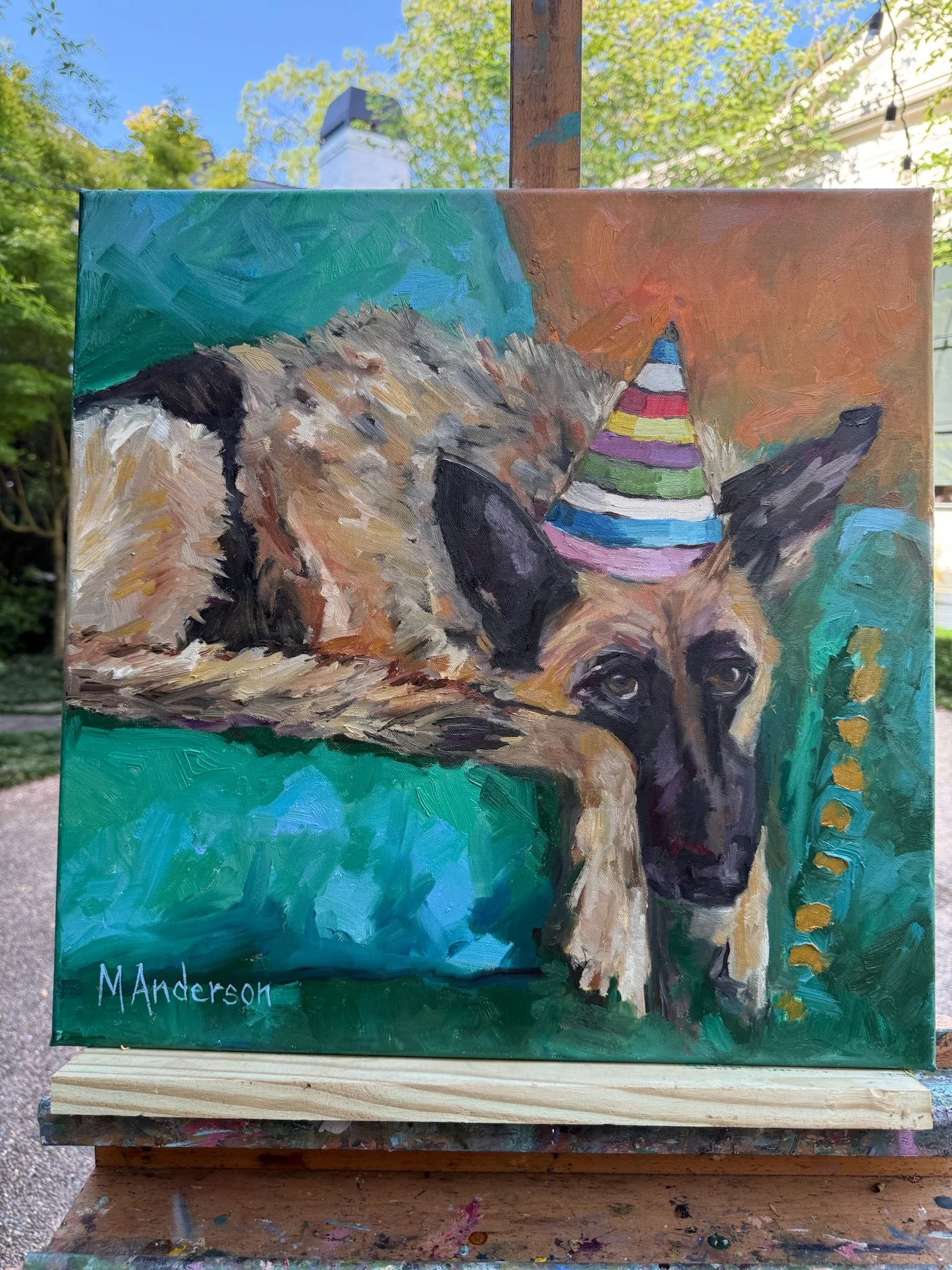oil painting of a german shepherd wearing a birthday hat