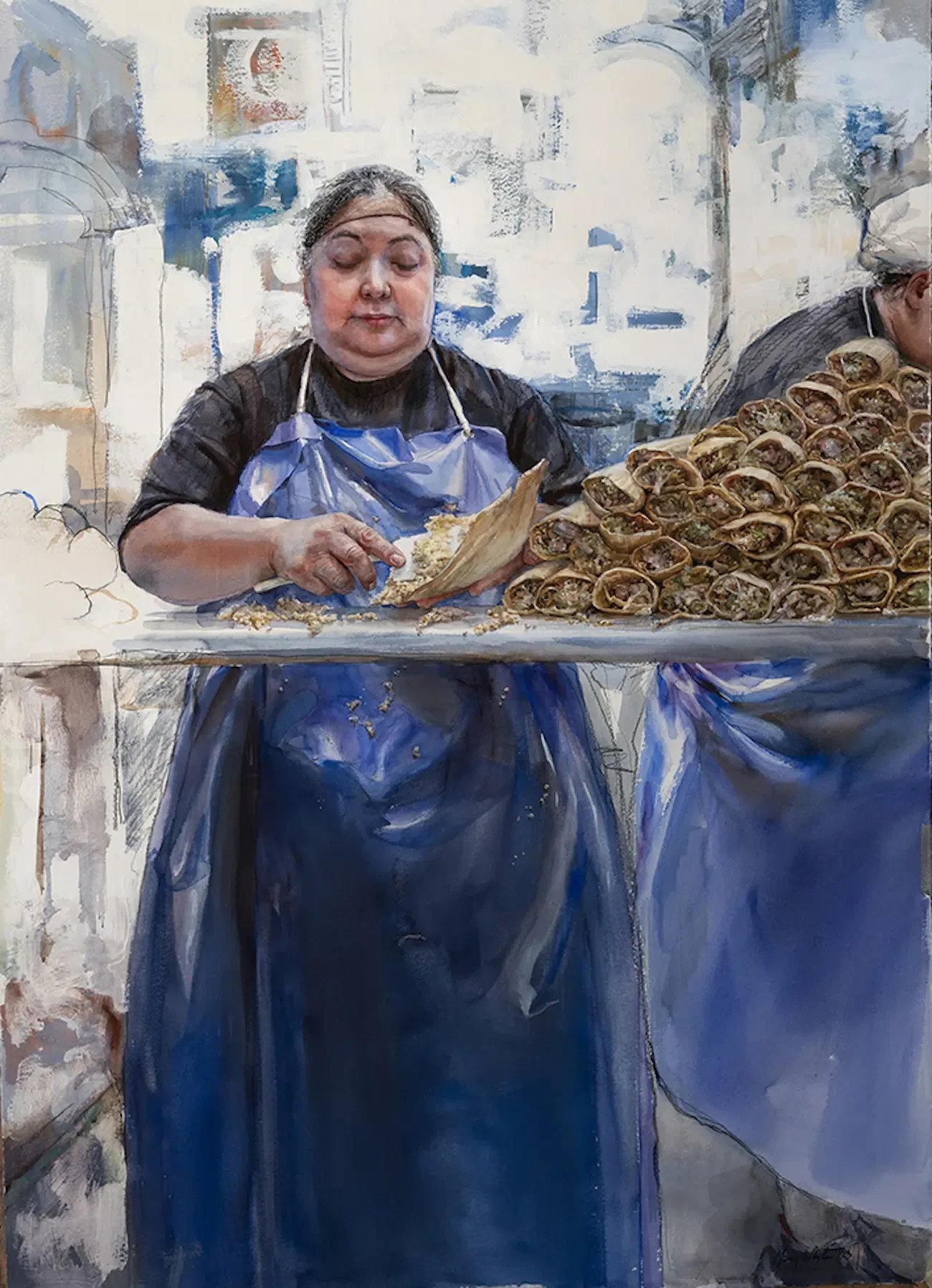 “Tamales,” 2023. By Mary Whyte (American, b. 1953). Watercolor on paper. 55 x 43