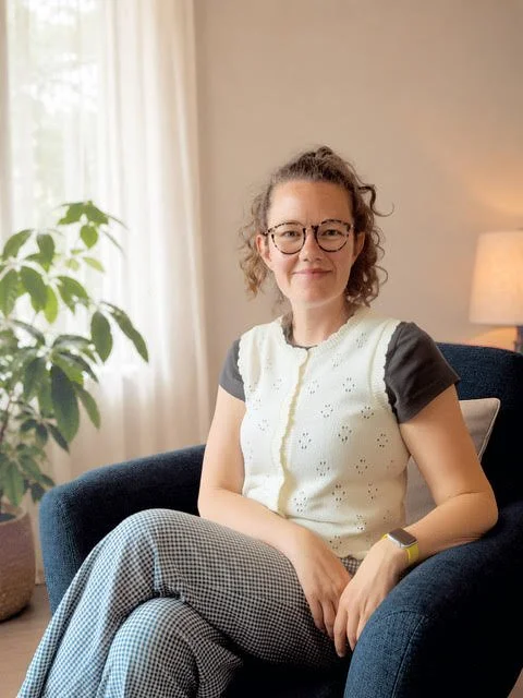 Smiling woman sitting cross-legged in armchair