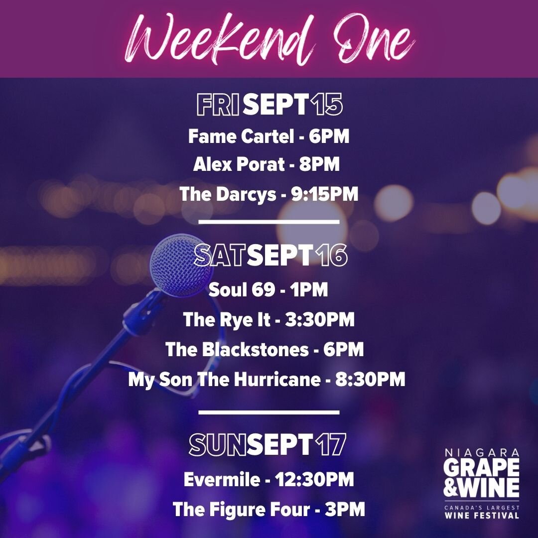 🎸 THE WAIT IS OVER 🎸 

In honour of our #FestivalFunFridays, we are releasing the OFFICIAL entertainment lineup for this year's Montebello Wine &amp; Culinary Village! Join us for the wine, but stay for the incredible tunes - with 50+ hours of live