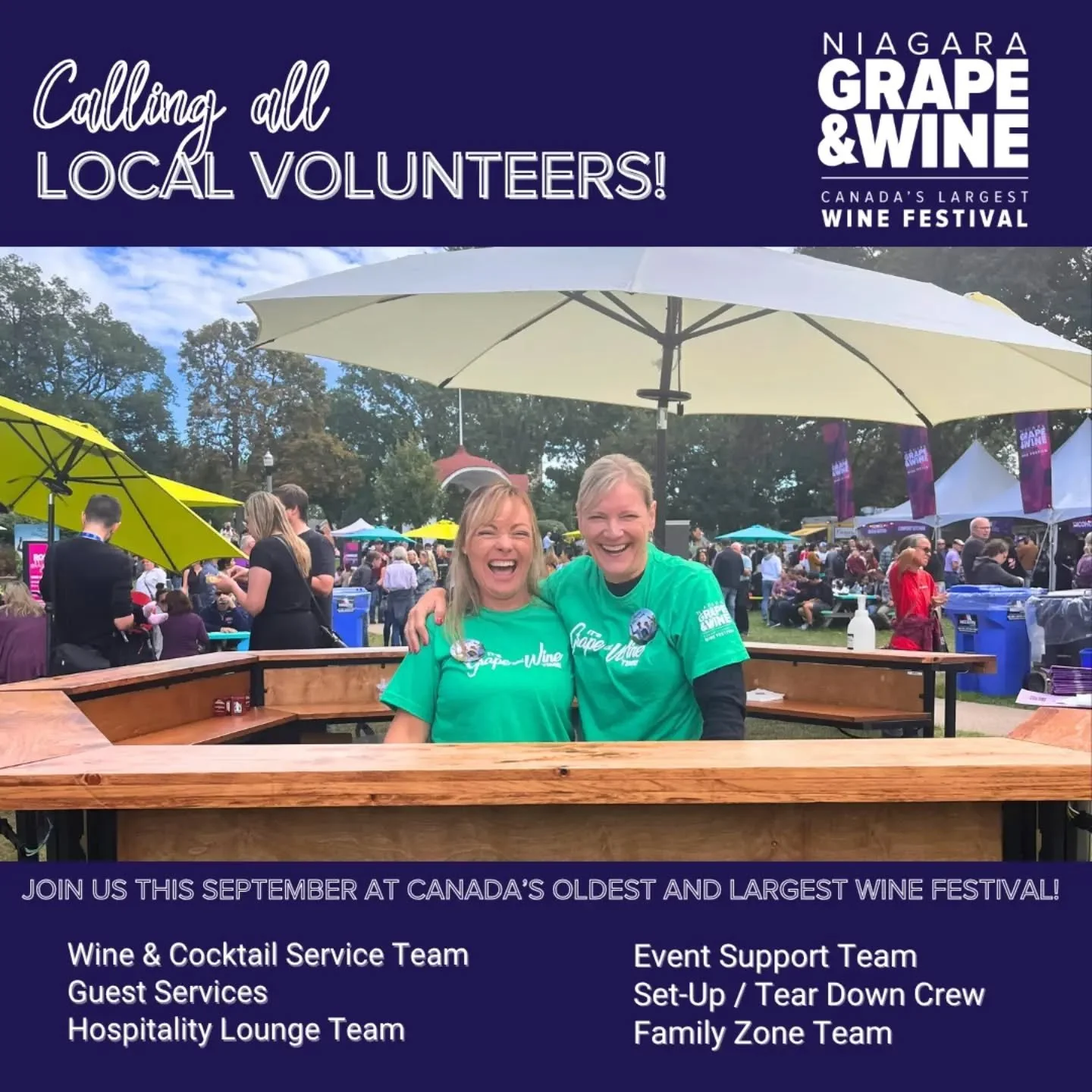VOLUNTEERS WANTED! JOIN THE GRAPE &amp; WINE TEAM! 🍇
 
The Niagara Grape &amp; Wine Festival is gearing up for an unforgettable 75th celebration, and we want YOU to be part of it! 💜
 
Did you know the Niagara Grape &amp; Wine Festival is a register