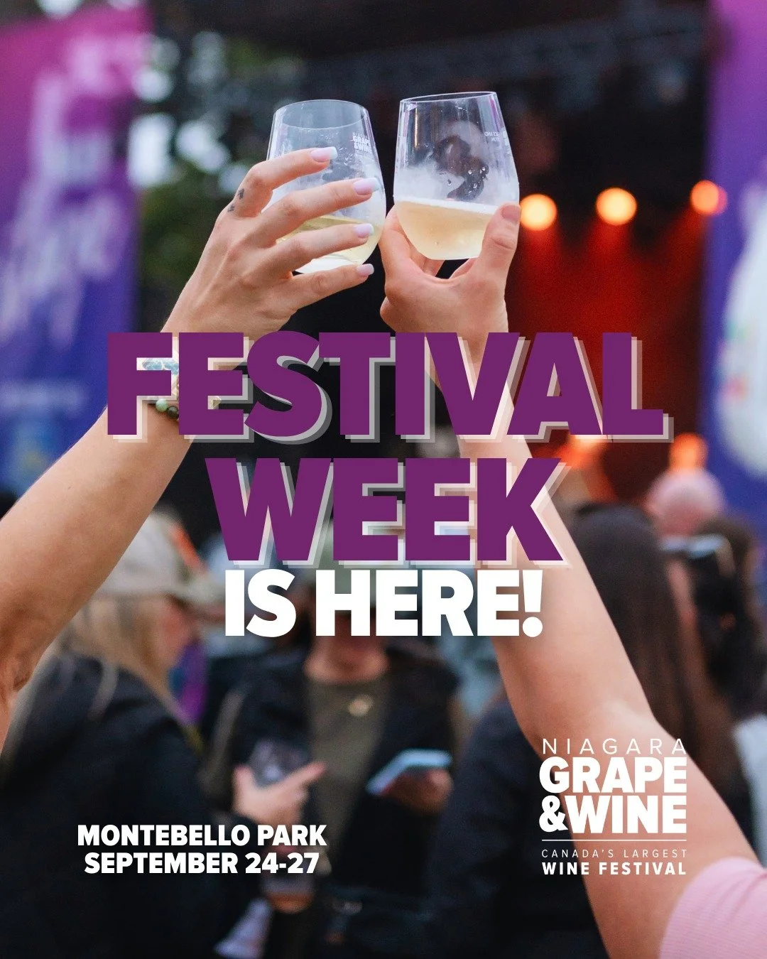 Festival Week is finally here! 🎉🍷

Get ready for an unforgettable weekend featuring 100+ VQA wines, 20+ hours of live music, delicious bites curated by talented local chefs, parades, the Grape Stomp, FREE family fun, and so many more unique experie