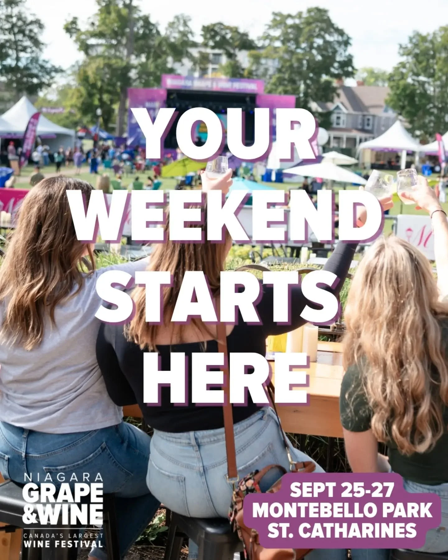 Your weekend starts here! 🍷🍇
 
Bring your family and friends and join in at the ultimate celebration of Niagara wine, food, music, &amp; unforgettable experiences! 🍇🎶🍴
 
🎟️ Admission into Montebello Park is FREE all weekend!
📍 Main entrance: Q