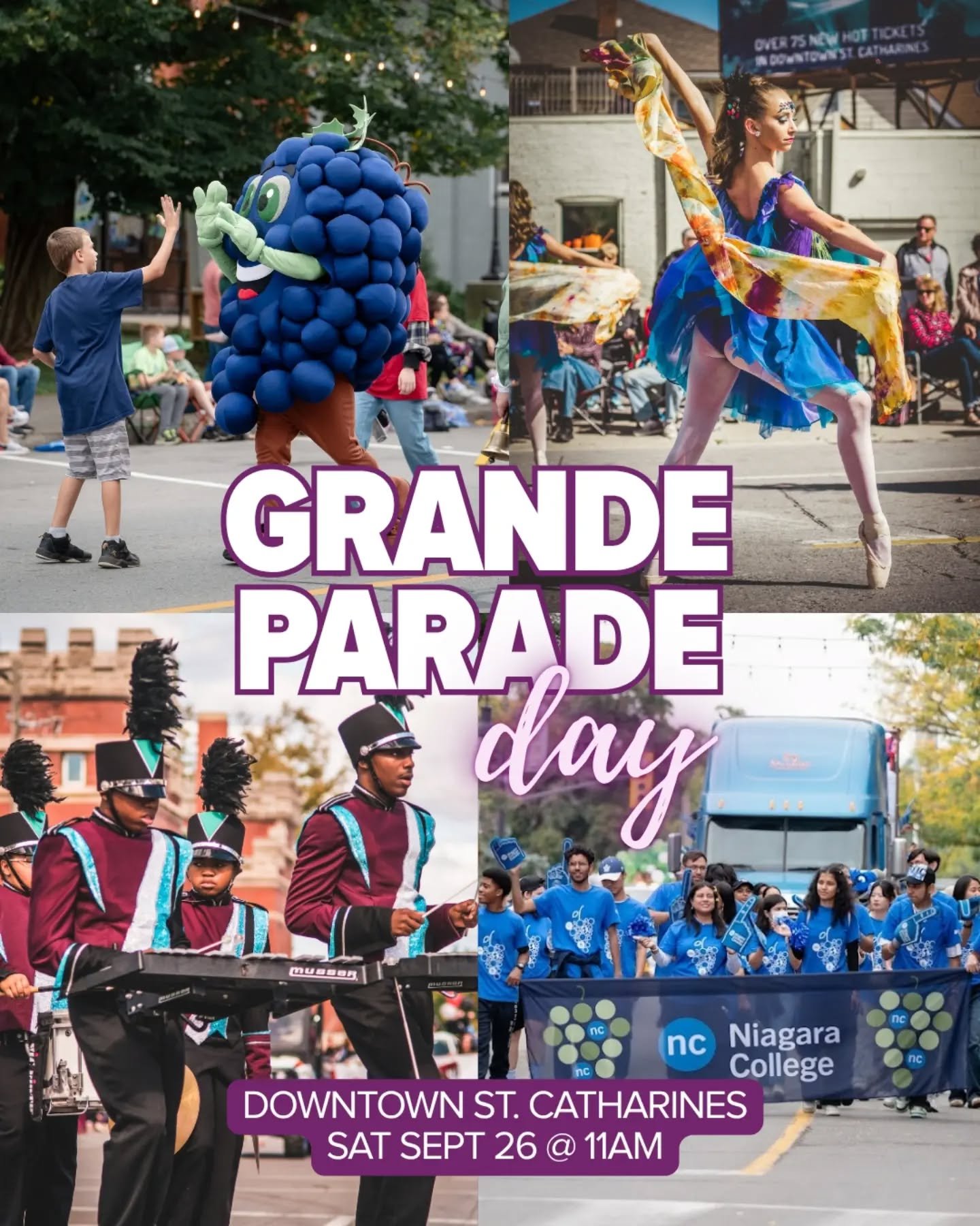 IT&rsquo;S SATURDAY &mdash; THAT MEANS GRANDE PARADE DAY! 🎉 

This year&rsquo;s Grande Parade is extra special as it kicks off 75 years of the Niagara Grape &amp; Wine Festival! 🍇✨

Starting at 11 AM, the streets of Downtown St. Catharines come