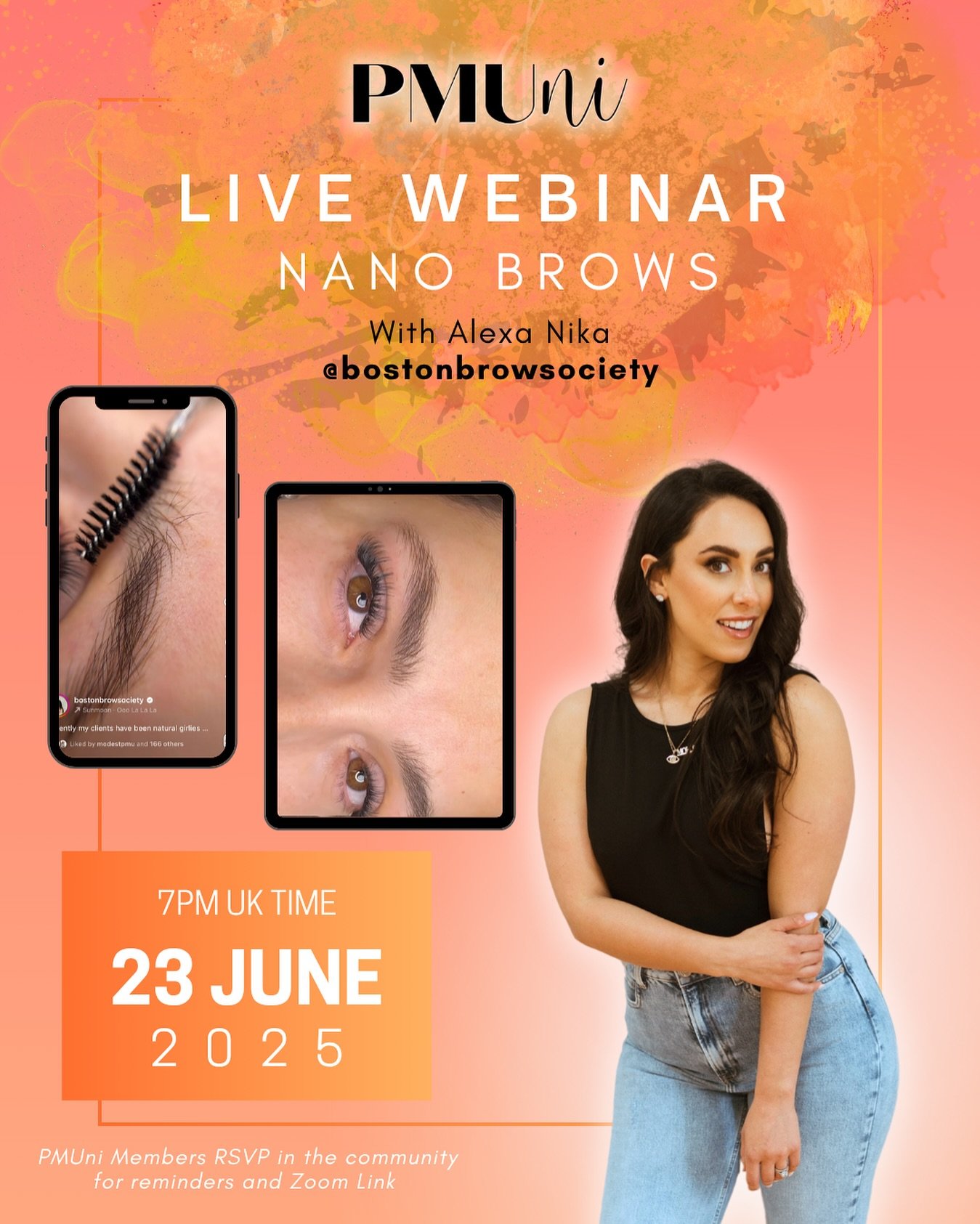 June PMUni Webinar with @bostonbrowsociety 🧡😍🔥
Alexa is coming on to our platform to breakdown her signature technique all about Nano Brows !!
Members please RSVP in the community to get the link and add the event to your calendar 🙌🏼🙌🏼