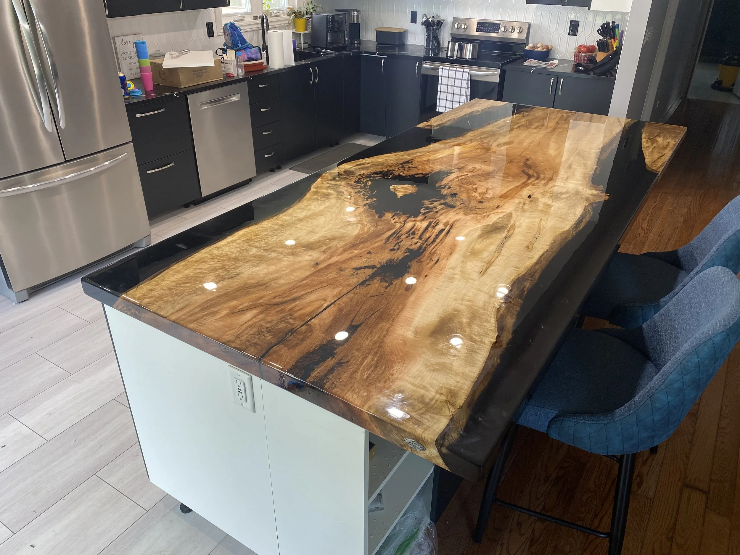 Maple Kitchen Island with Black Epoxy and flood coat