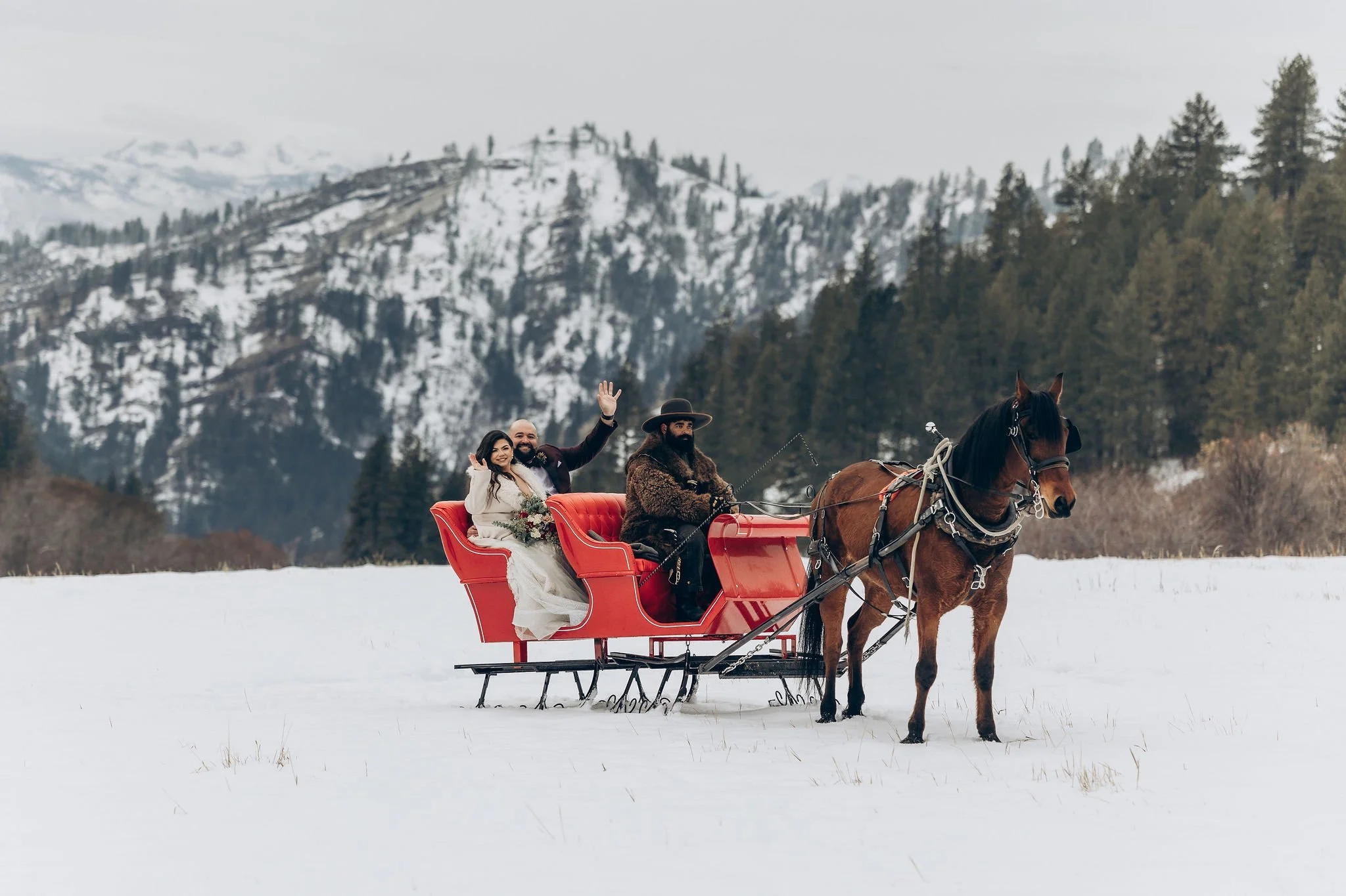 Couple celebrating their winter wedding during a horse-drawn sleigh ride in Leavenworth with snowy mountains