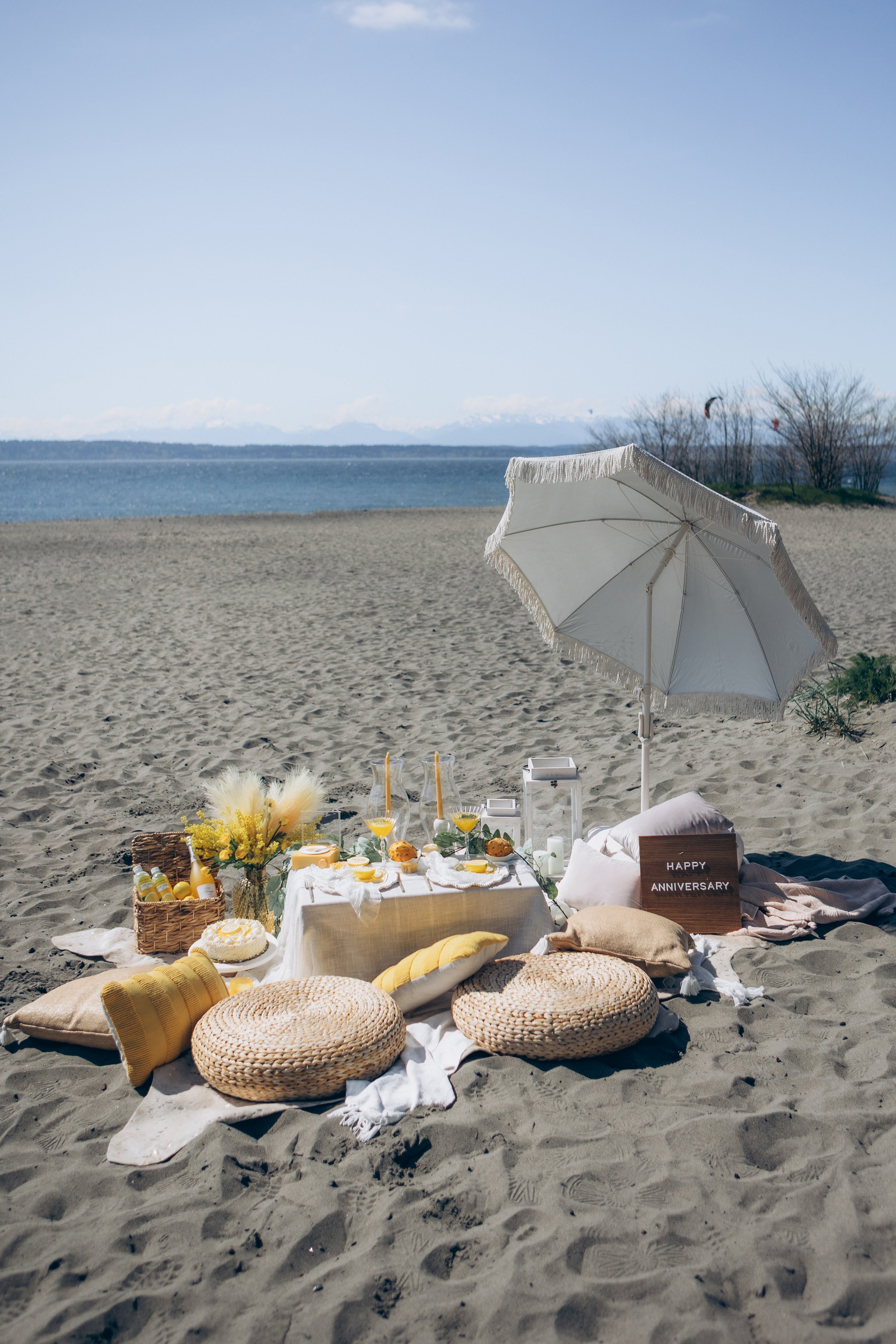 Vow renewal picnic setup at Golden Gardens Park on a sandy beach in Seattle