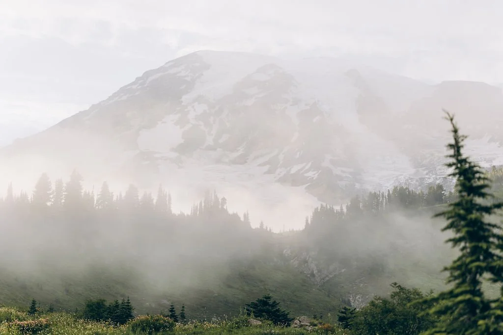 Misty view of Mount Rainier from the Skyline Trail in the Paradise area, a scenic elopement location in Mount Rainier National Park