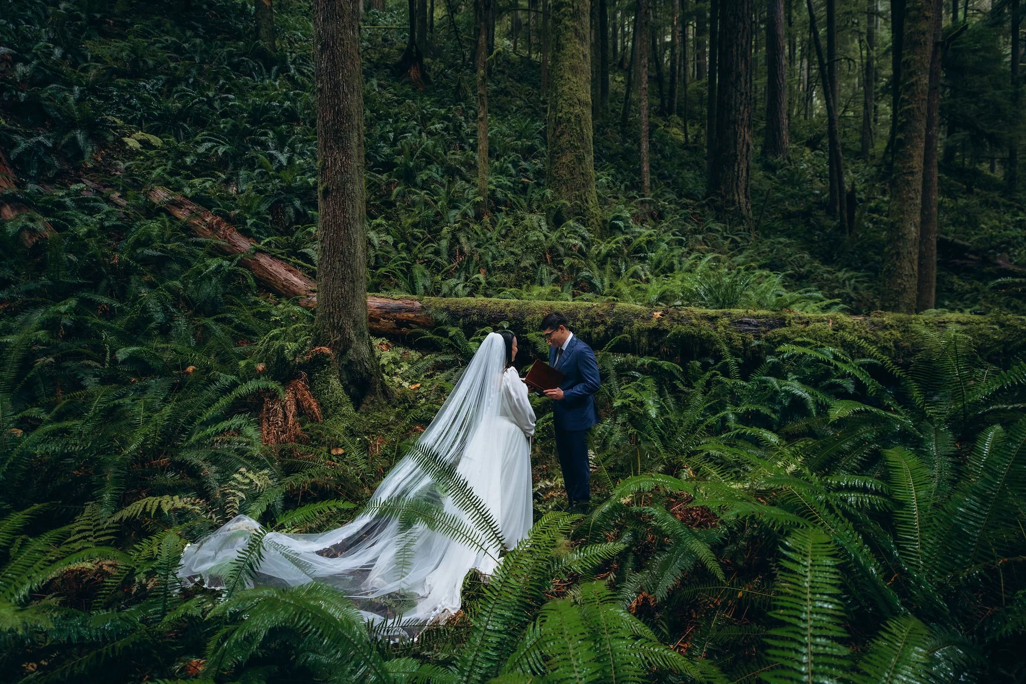 Couple exchanging vows on Marymere Falls Trail in Olympic National Park, Washington.