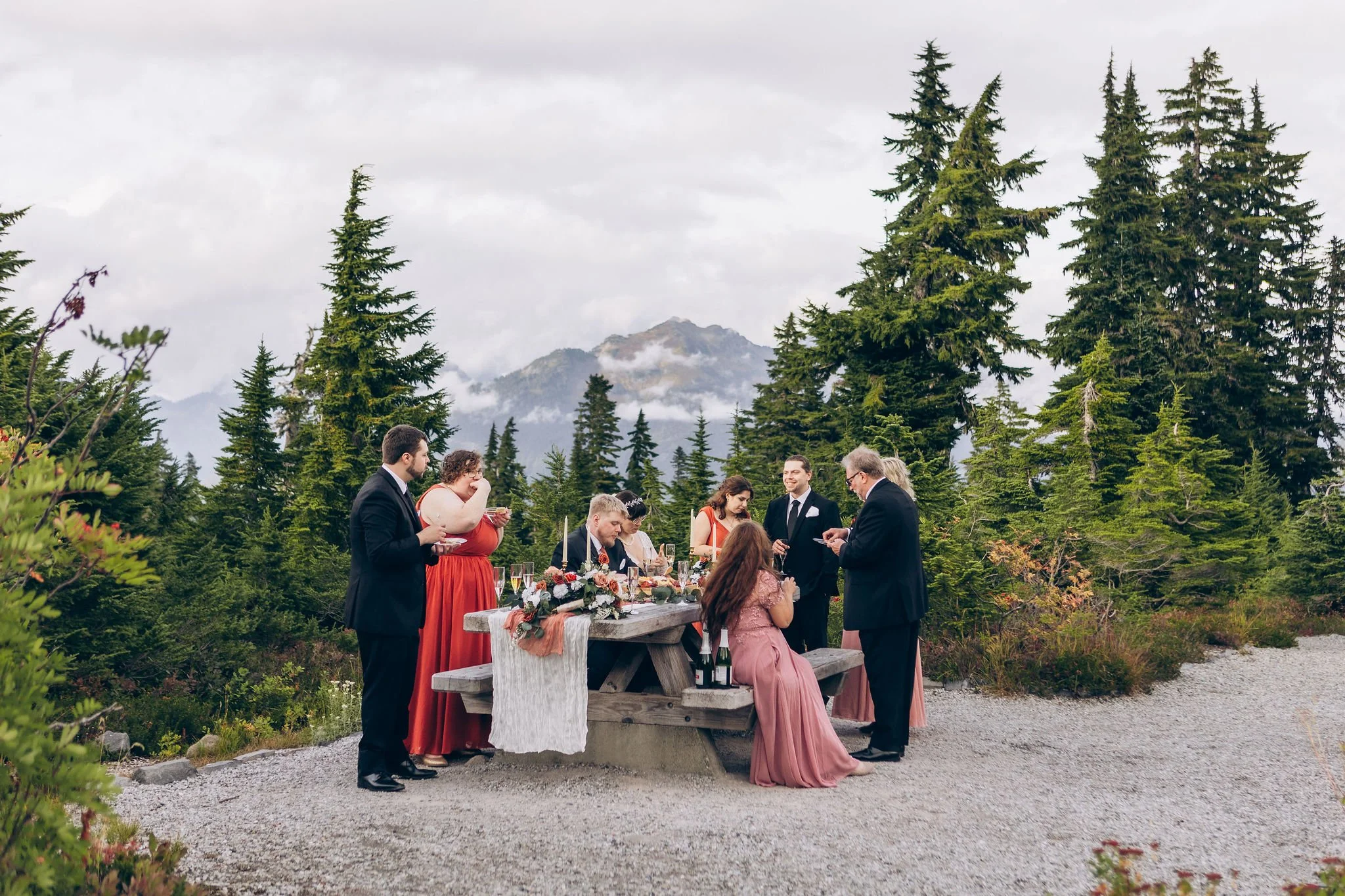 Wedding guests gathered around a picnic table during an elopement reception at Austin Pass Picnic Area with evergreen trees and mountain views in the Mt Baker area