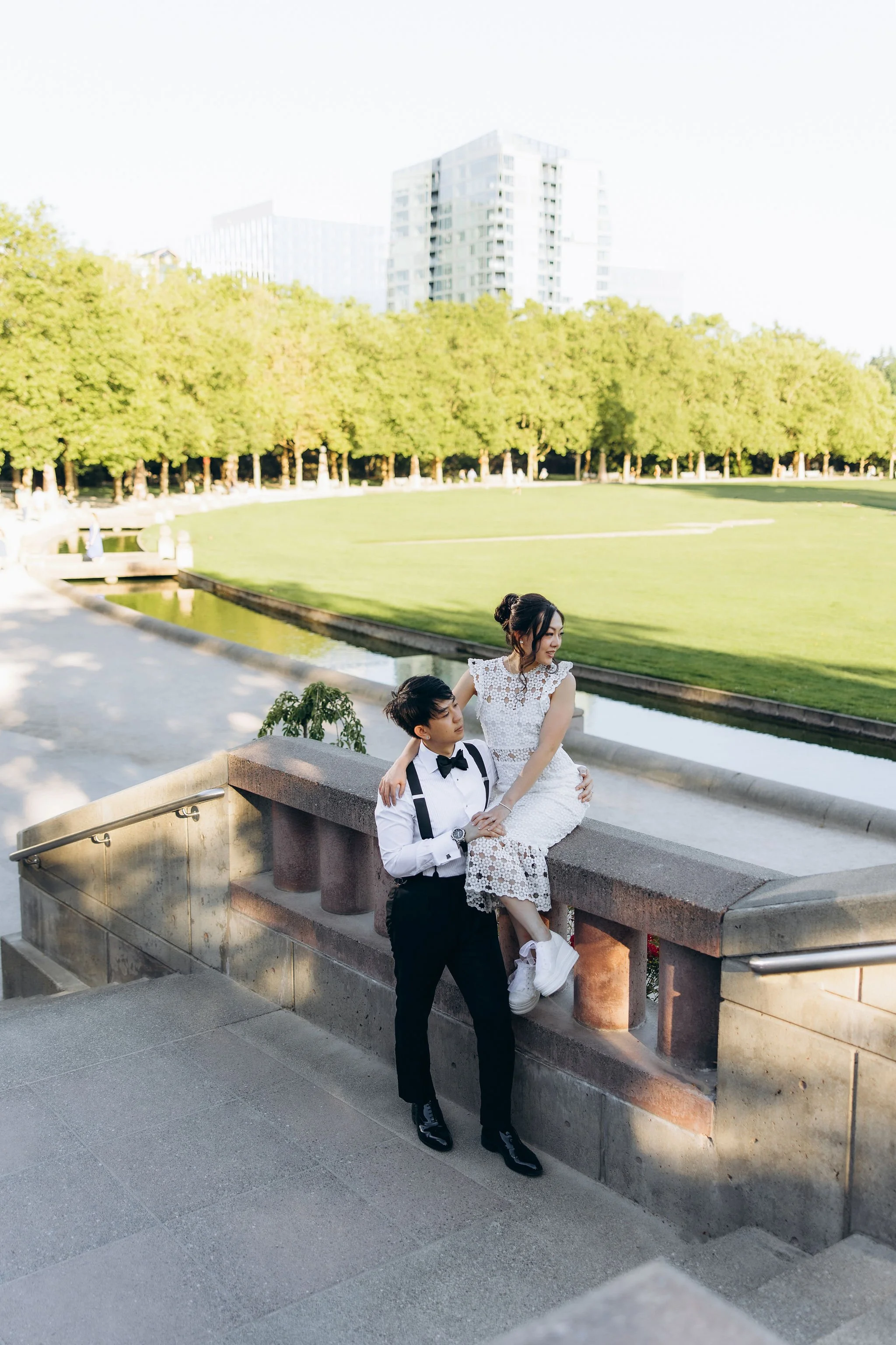 Couple during an intimate elopement at Bellevue Downtown Park in Washington