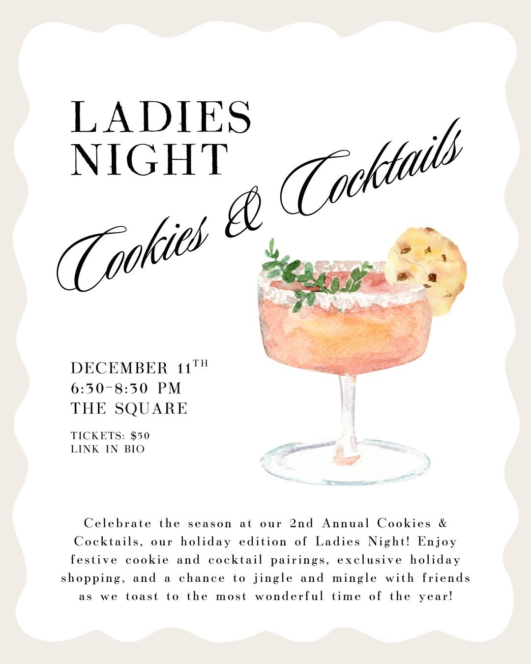🥂🍪 Cookies &amp; Cocktails, our holiday edition of Ladies Night!

Festive cookie + cocktail pairings, exclusive holiday shopping, and a chance to jingle and mingle with friends as we toast to the most wonderful time of the year!

 ✨Ticket link in b