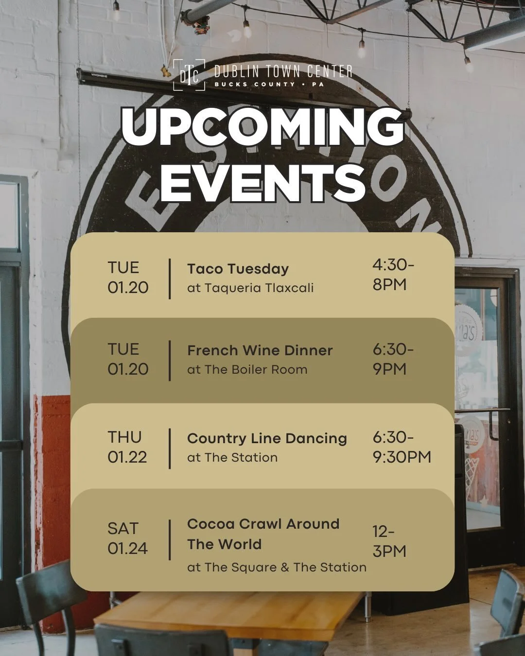 This week at Dublin Town Center, don&rsquo;t miss out on the fun! ✨ From tacos and wine to dancing and cocoa, we&rsquo;ve got something for everyone.

🌮 Taco Tuesday (1/20)
🍷 French Wine Dinner (1/20)
🤠 Country Line Dancing (1/22)
☕ Cocoa Crawl Ar