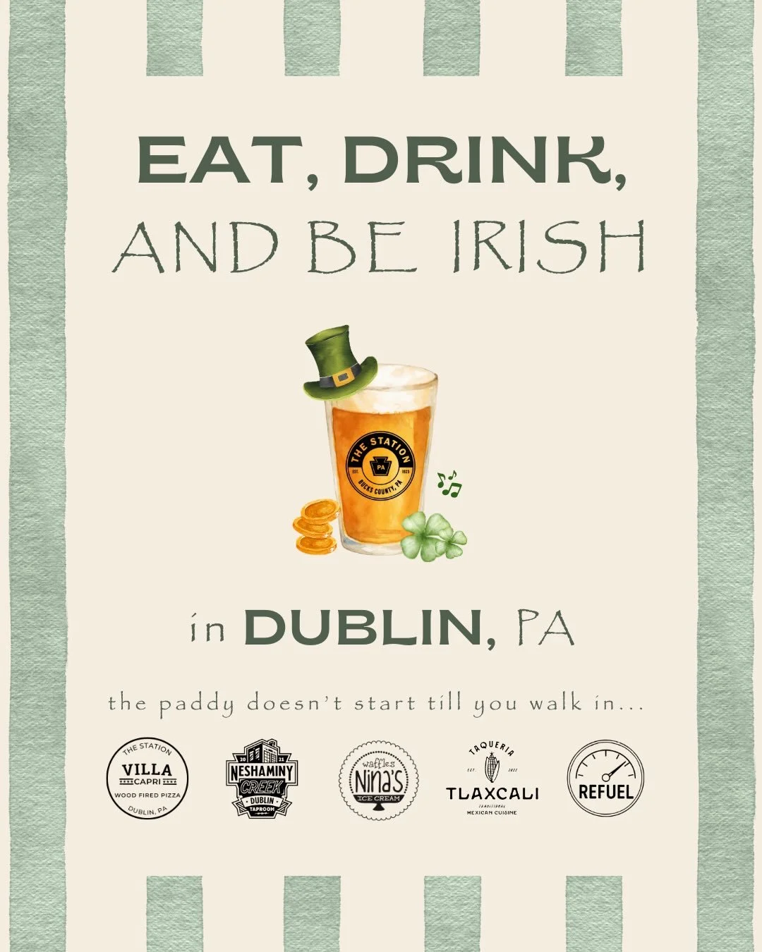 The Station is going Irish for Saint Patrick&rsquo;s Day Weekend! ☘️ 

Join us for &ldquo;Eat, Drink, and Be Irish in Dublin, PA&rdquo; and celebrate the holiday with great food, refreshing drinks, and live Irish music. 

🎶 Live Irish Music | 12:30&