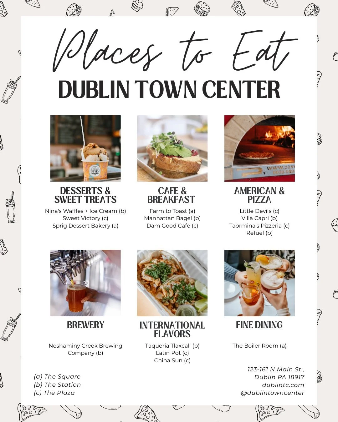 Places to eat, all in one spot!

From your morning coffee run to dinner plans (and dessert in between), Dublin Town Center has something for every craving. 🍕🍦

Come explore The Square, The Station, + The Plaza! Where local favorites, sweet treats, 
