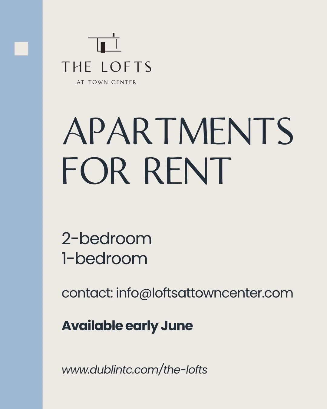 Your next chapter starts here 🤍

1 &amp; 2 bedroom lofts available early June at Dublin Town Center. 

Shop, Eat, Play, Work, Live&hellip; all in one place! ✨

Contact: info@loftsattowncenter.com