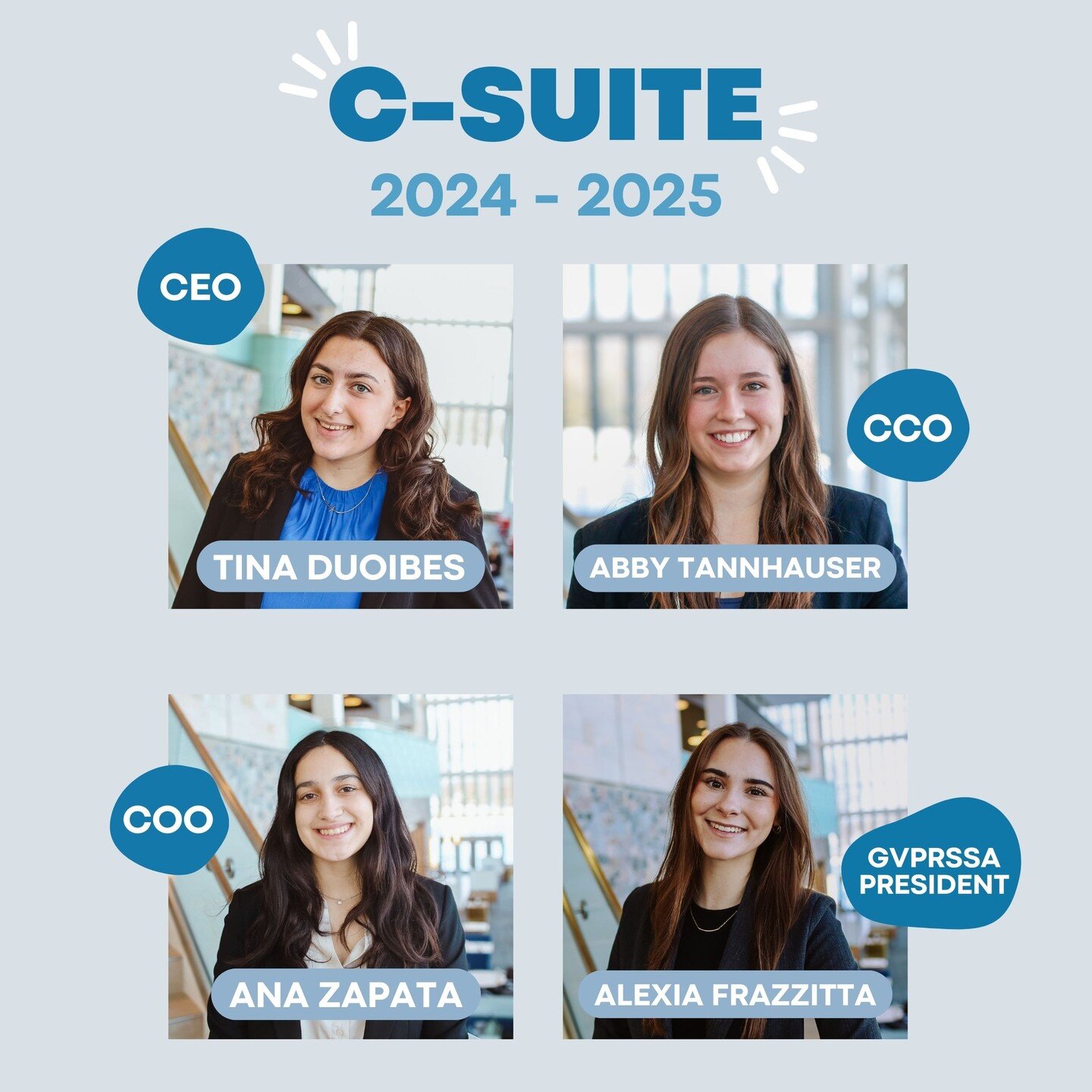 Introducing our 2024-2025 C-Suite! 💙 ⭐

Congratulations to these STARS who will be leading GrandPR for the next school year.

Chief Executive Officer- @tinaduoibes 
Chief Communications Officer- @abby.tannhauser
Chief Operations Officer- @anaa.olivi