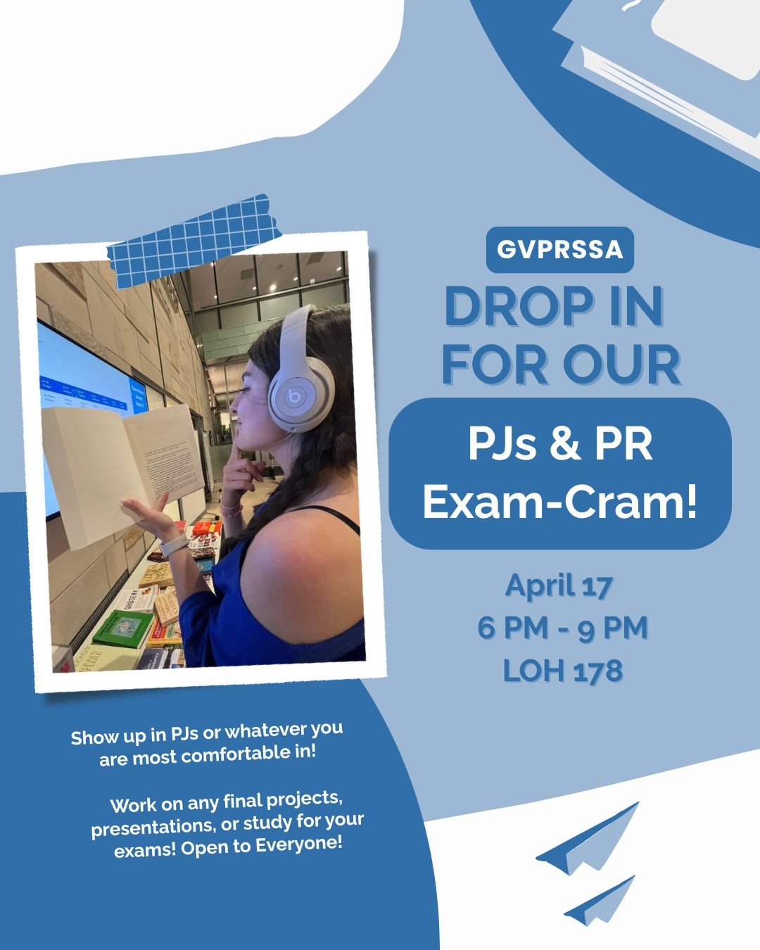 PRSSA is hosting an exam cram for members to come study, work on projects, and collaborate on final assignments. This is a drop-in event, so you're welcome to stay the whole time or come when you're available! Show up in your PJs (or whatever you're 