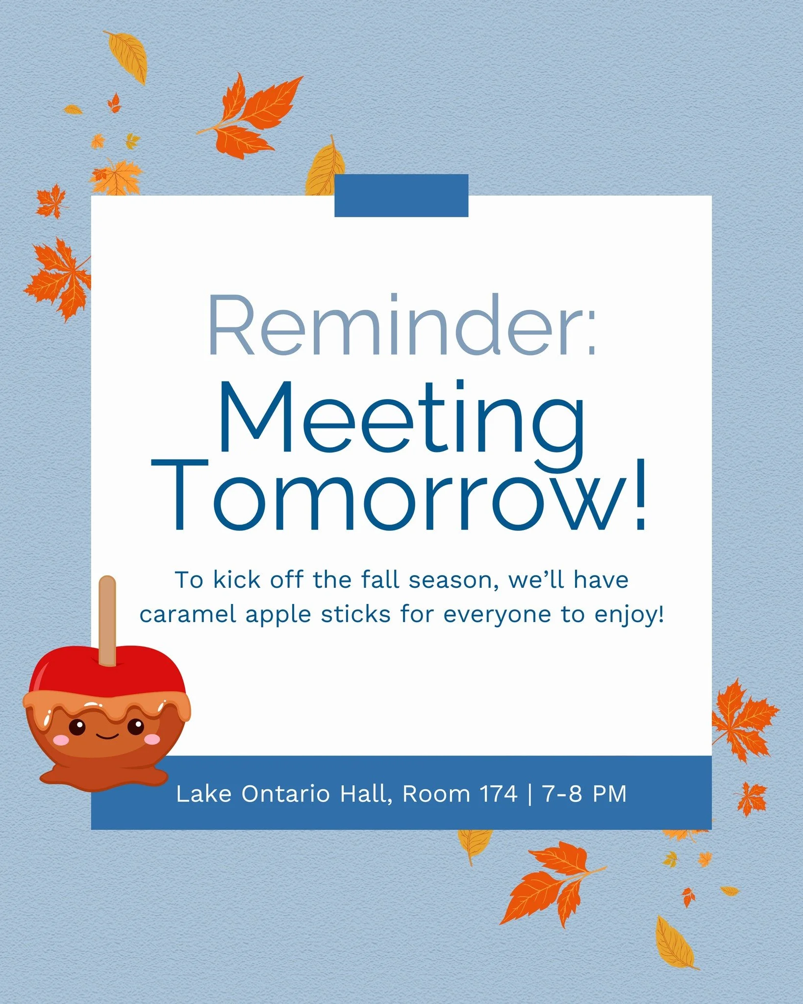 Just a quick reminder that our next PRSSA meeting is happening tomorrow! We&rsquo;ll be gathering to connect and spend some time networking with one another. To kick off the fall season, we&rsquo;ll also have caramel apple sticks for everyone to enjo