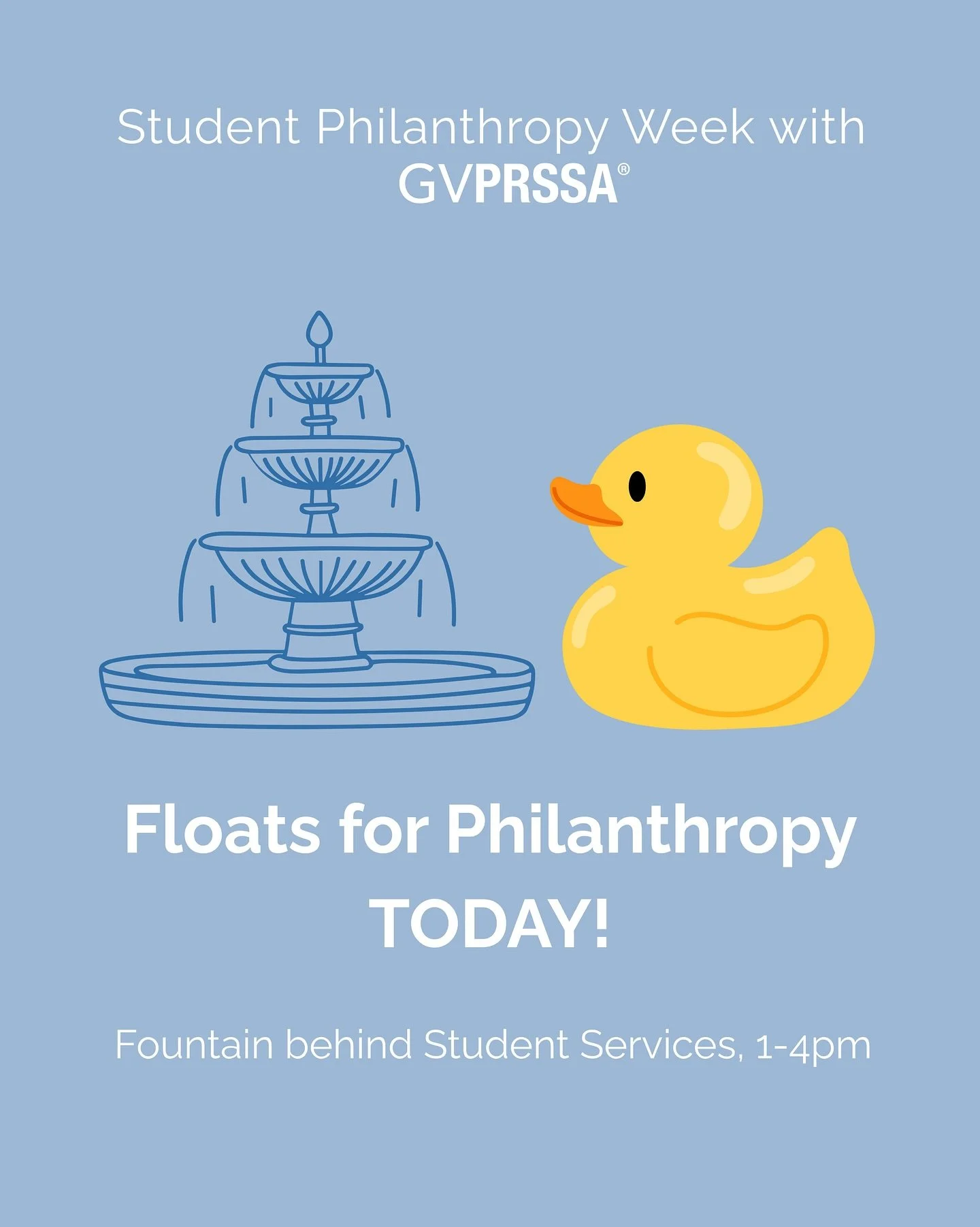 We&rsquo;re kicking off Student Philanthropy Week with Floats for Philanthropy! 🦆 Stop by the fountain behind Student Services from 1&ndash;4 PM to scoop a duck, win prizes, enjoy a float, and learn how you can make a difference.