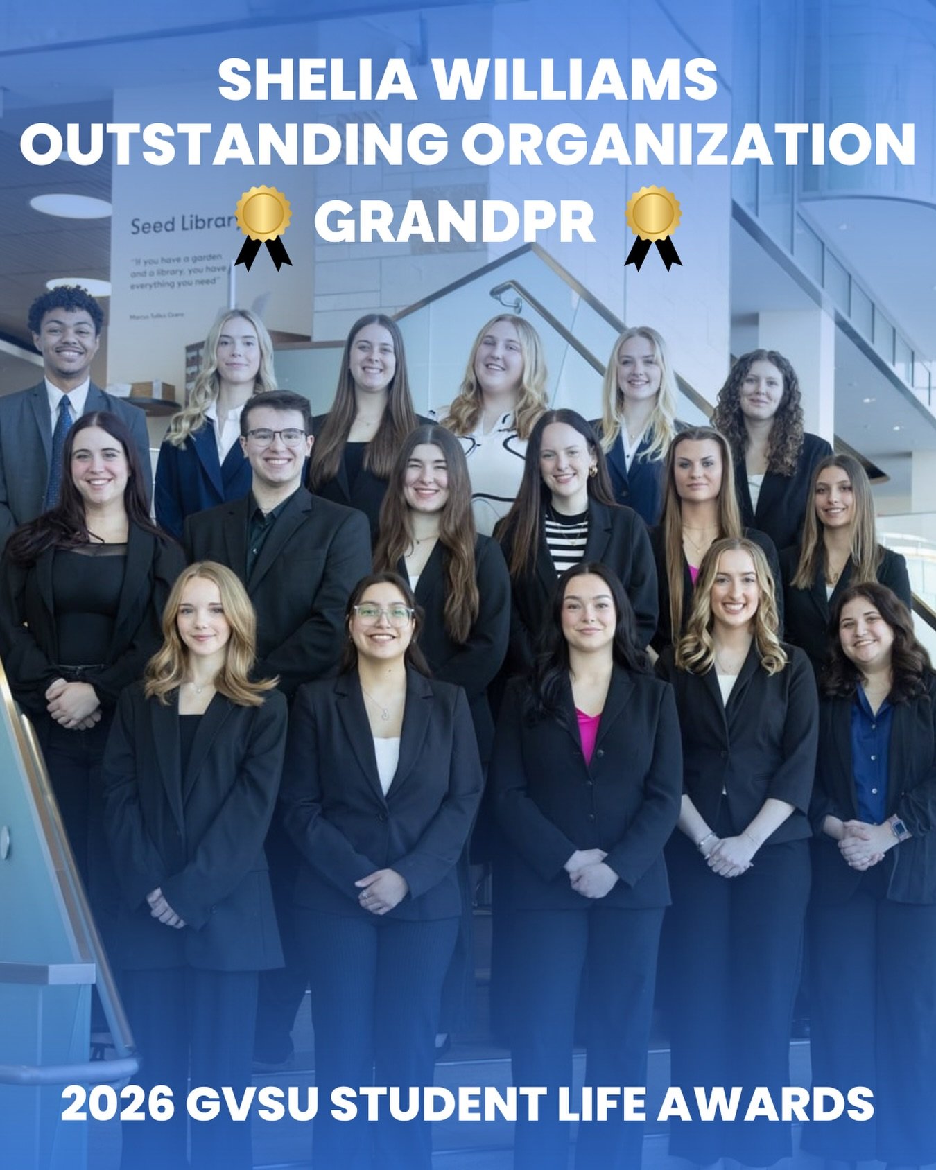 GrandPR is honored to receive the &ldquo;Shelia Williams Outstanding Organization&rdquo; award at the 2026 Grand Valley State University (GVSU) Student Life Awards!

This prestigious recognition reflects the incredible community behind our firm. We w