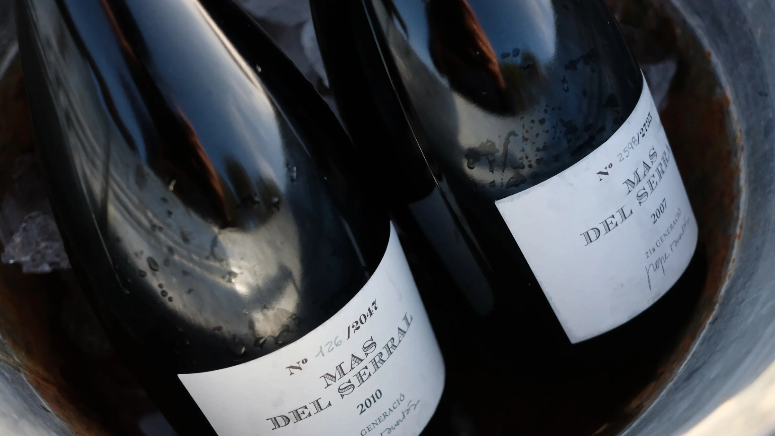 Deux bouteilles de vin noir avec des étiquettes blanches reposent dans un seau en métal.