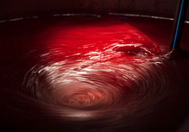 Un liquide rouge en rotation dans un récipient, avec un tube introduit dans le liquide.