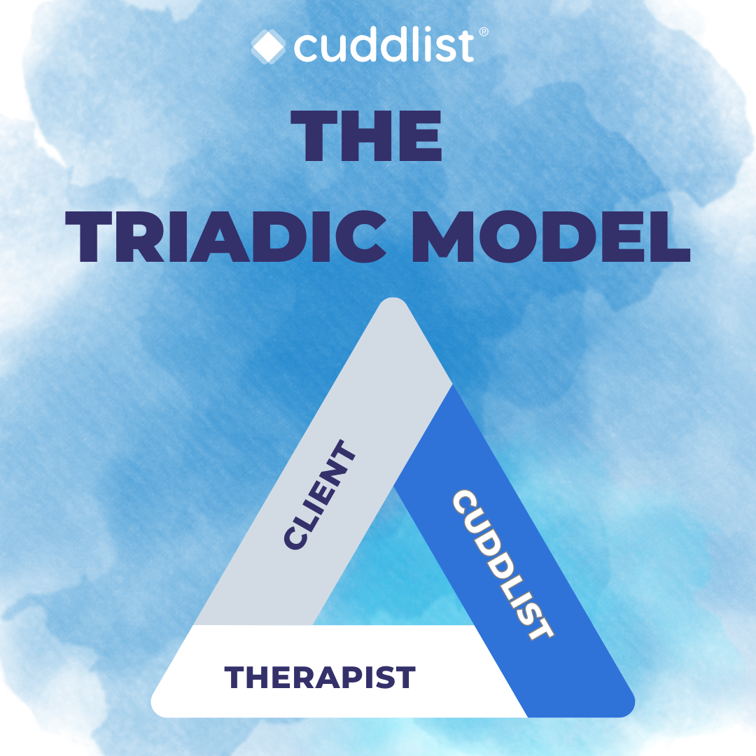 A graphical illustration of the triadic model with a triangular diagram showing 'Client,' 'Therapist,' and 'Cuddlist' as three points.