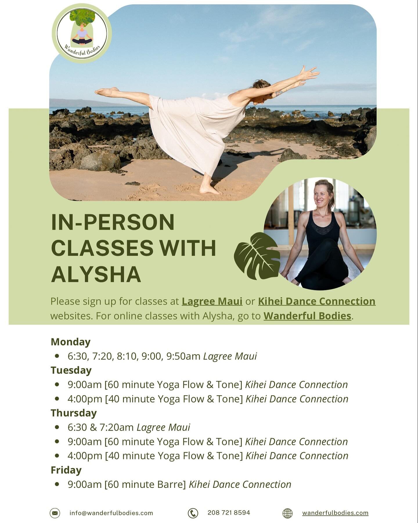 You can now take those fantastic Wanderful Bodies classes in person! Here&rsquo;s Alysha&rsquo;s live schedule on Maui. 😊

#moveonmaui #yogaonmaui #pilatesonmaui #pilatesinparadise  #wanderfulbodies ##keepmovingmaui
#staystrongmaui #