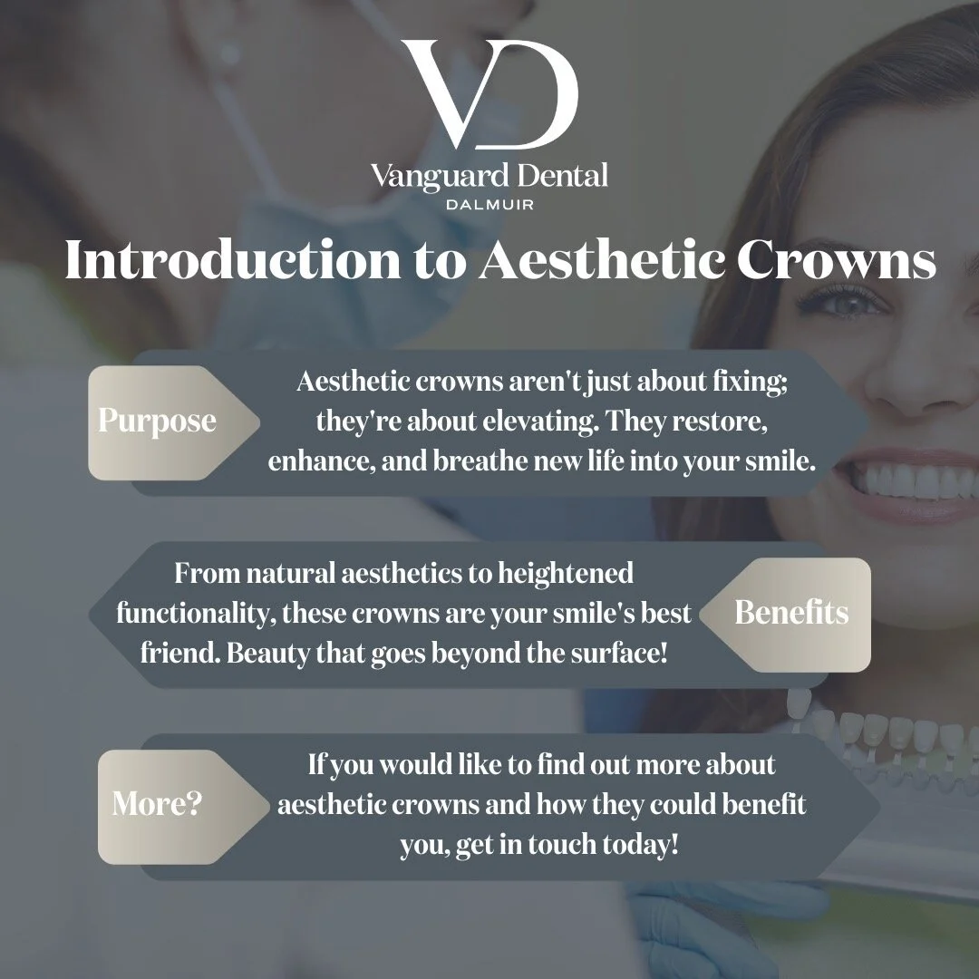 ✨ Elevate Your Smile with Aesthetic Crowns at Vanguard Dental! 🌟
Discover the purpose, benefits, and more of Aesthetic Crowns:

💖 Purpose:
Aesthetic crowns go beyond fixing; they're about elevating your smile to new heights. They restore, enhance, 