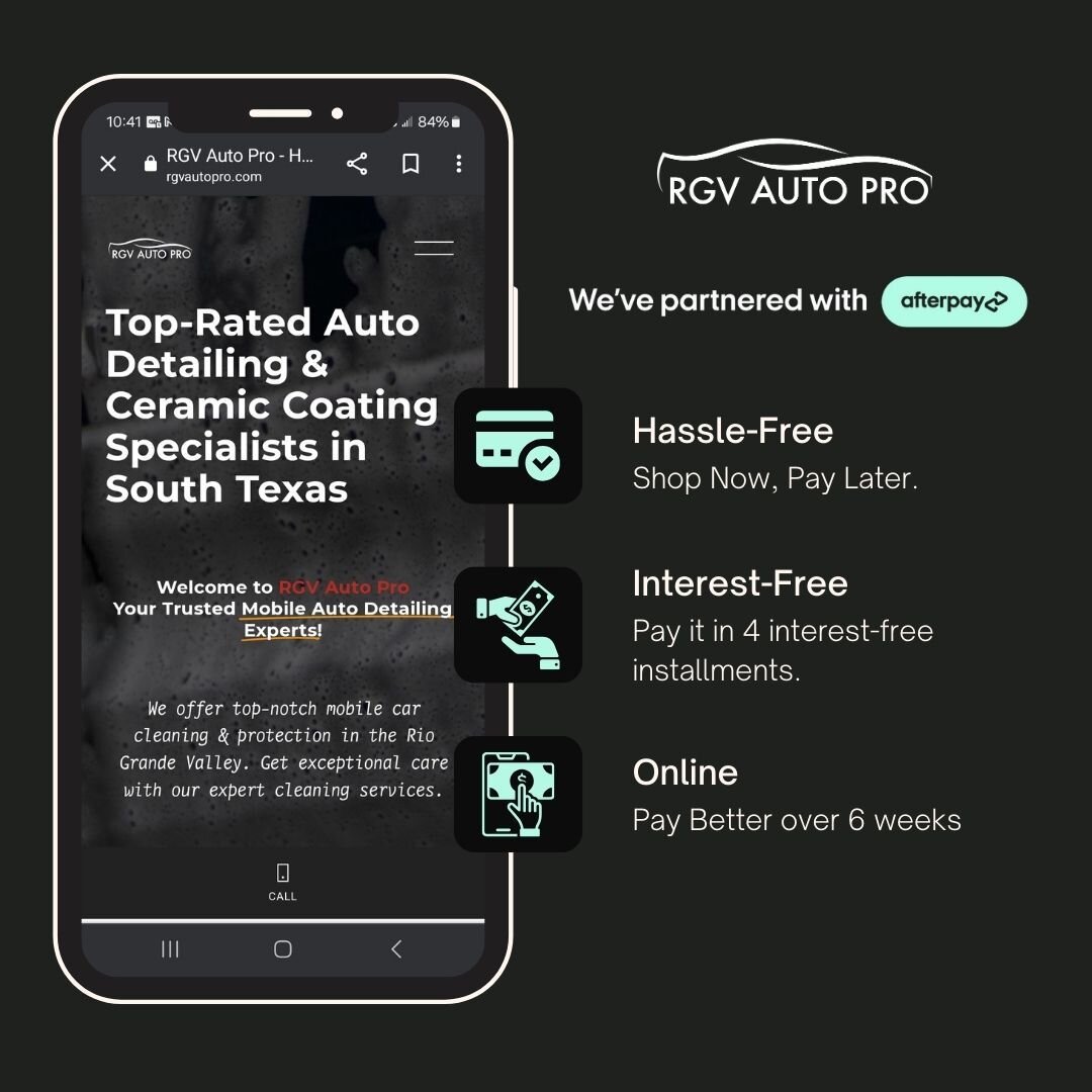Are you looking for the best mobile car detailing company in your area? 
.
RGV AUTO PRO is the best fit for you and now with our new partnership with AFTERPAY, we can provide our clients, interest-free, hassle-free payment plans to get there vehicles
