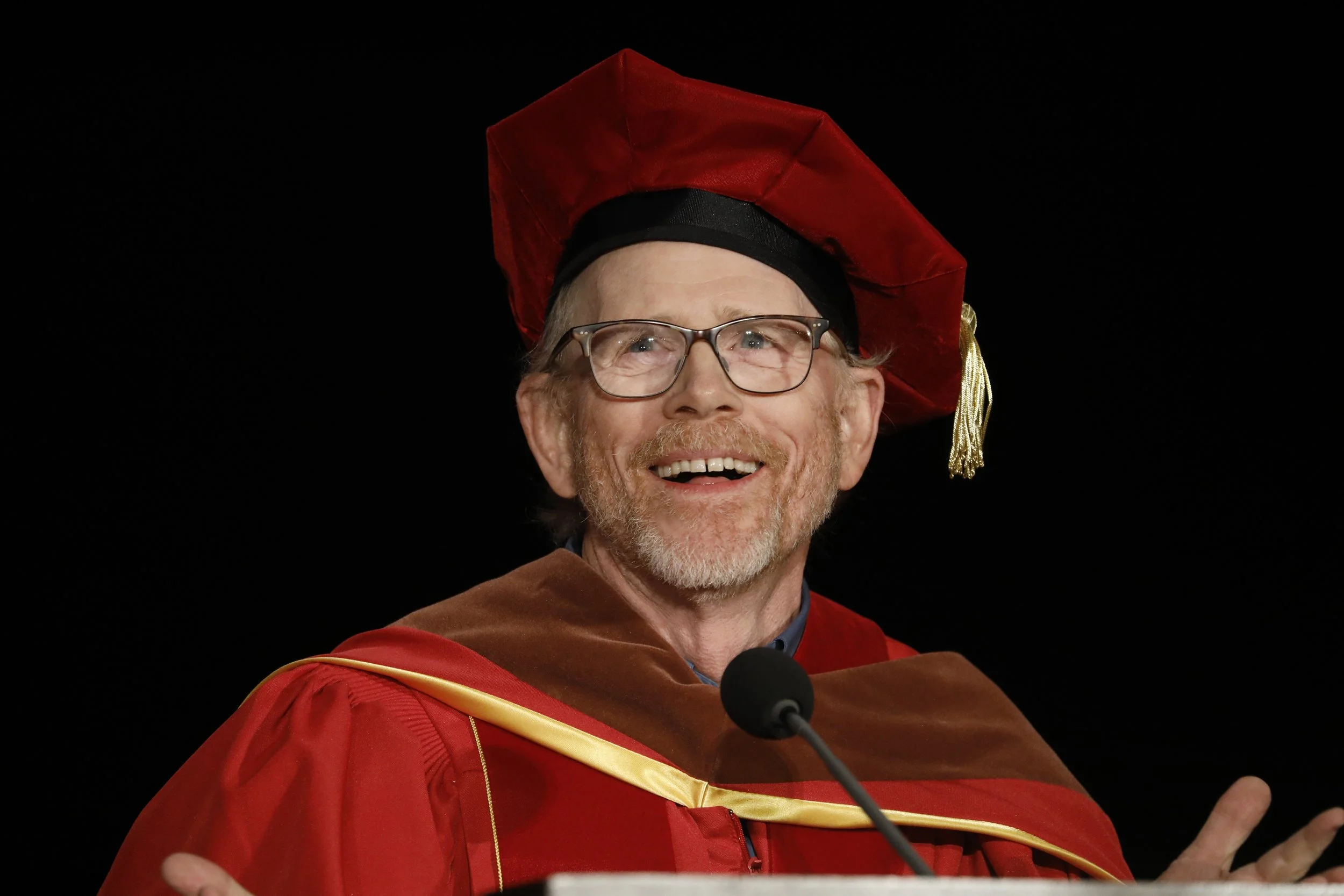 Ron Howard delivering the USC School of Cinematic Arts' 2023 Commencement Address. 