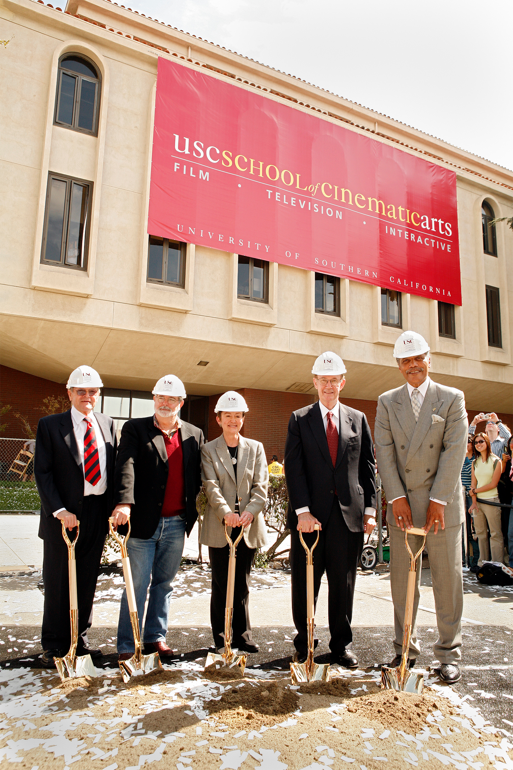 In October 2006, Price (far left) joined (l-r) George Lucas, Dean Elizabeth Daley, USC President Steven B. Sample, and Los Angeles City Council member Bernard Parks to celebrate the groundbreaking of the new Cinematic Arts Complex.