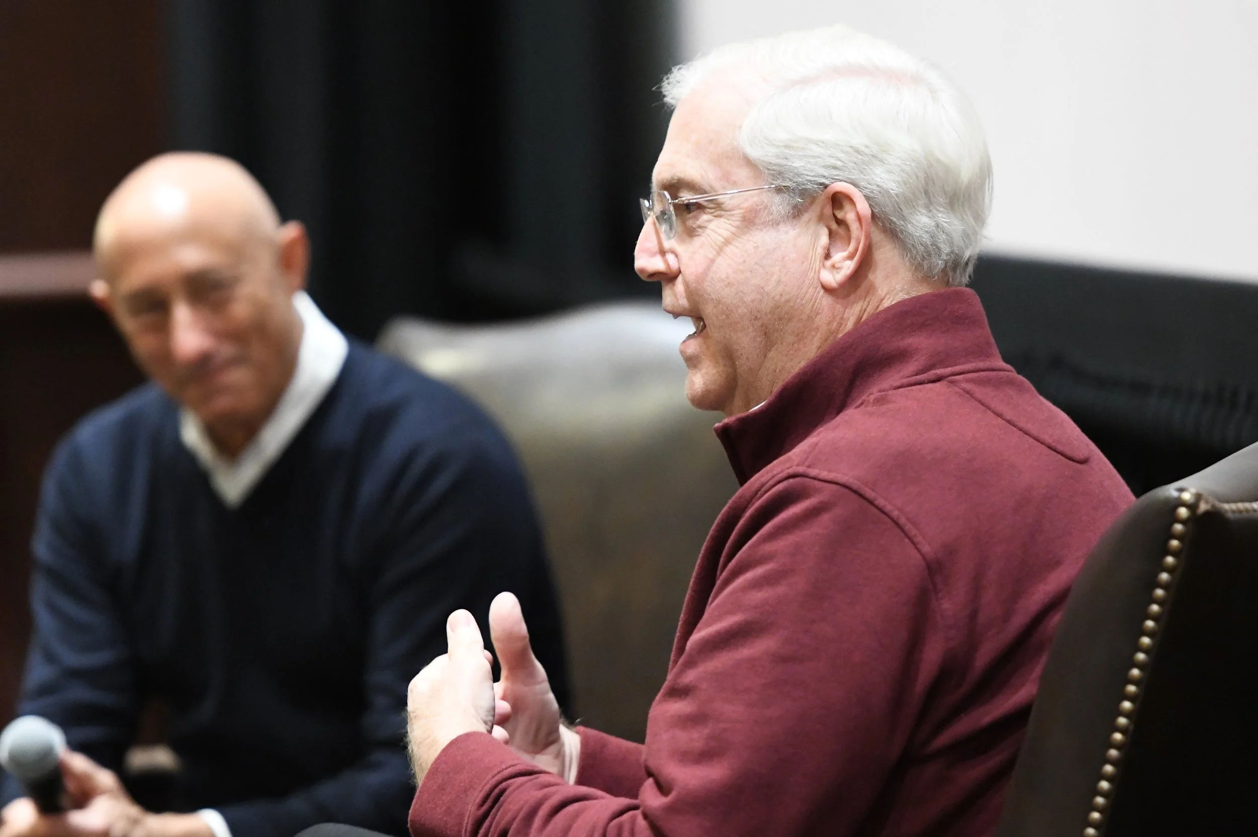 Trustee Bill Allen in conversation with Business of Cinematic Arts students in SCA 108. 