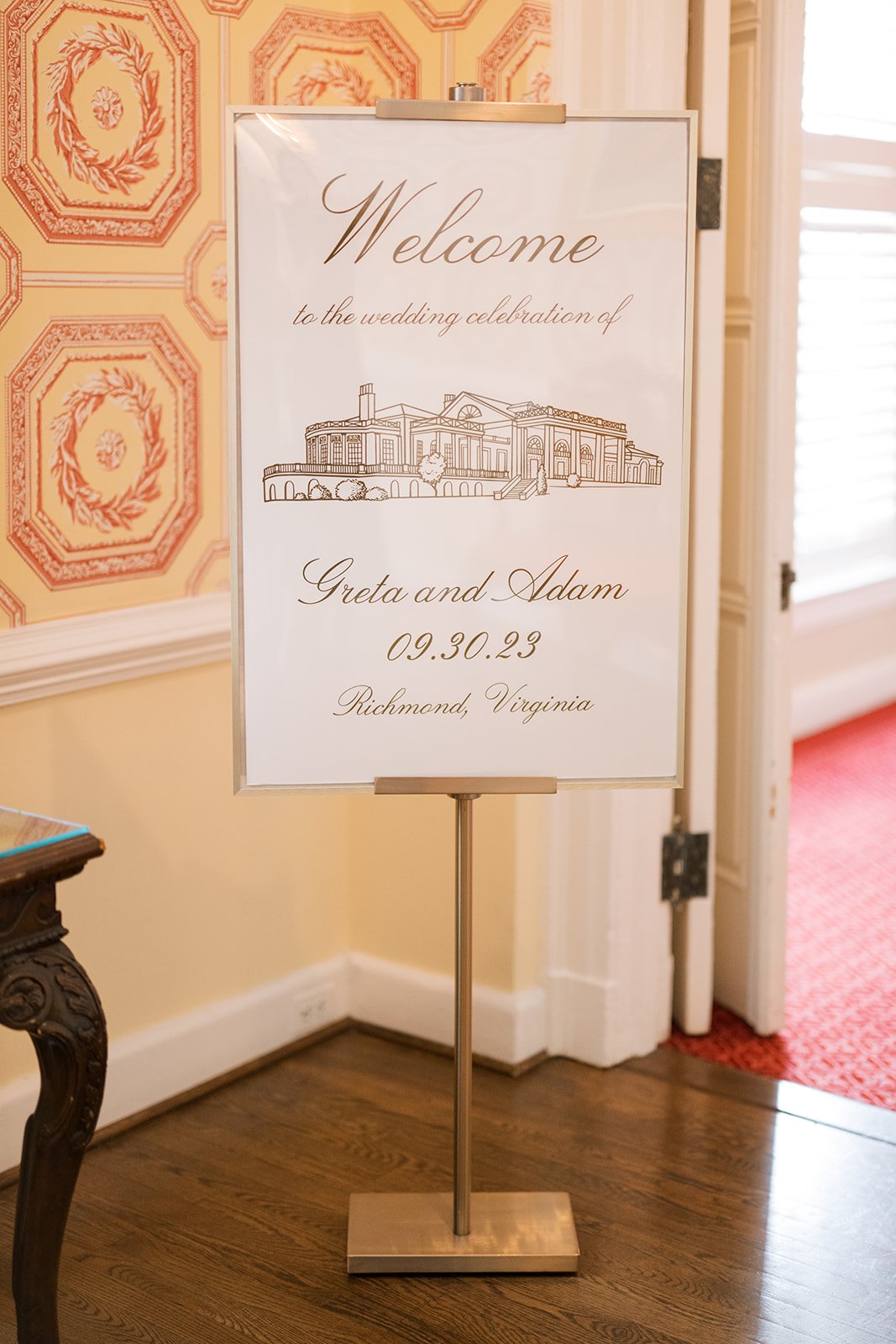 gold and white traditional wedding welcome sign