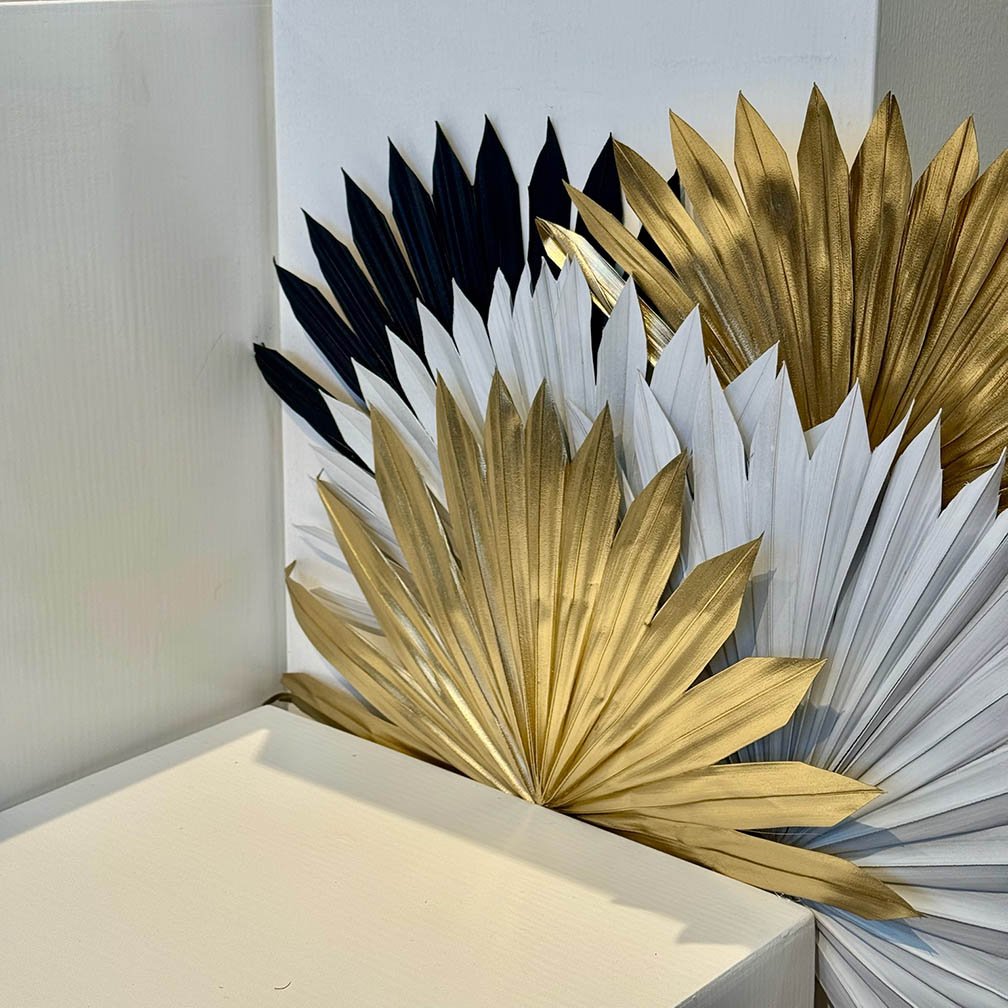 Closeup view of layered painted palms