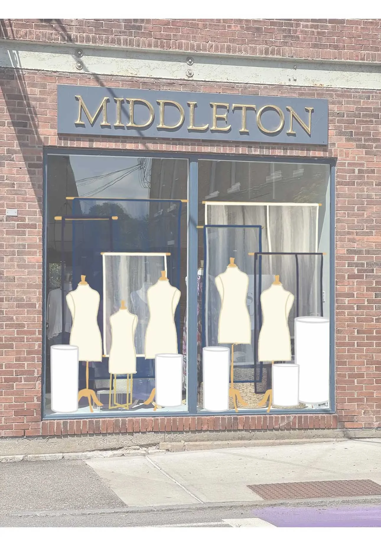 Digital drawing of window display composition with mannequins and pedestals