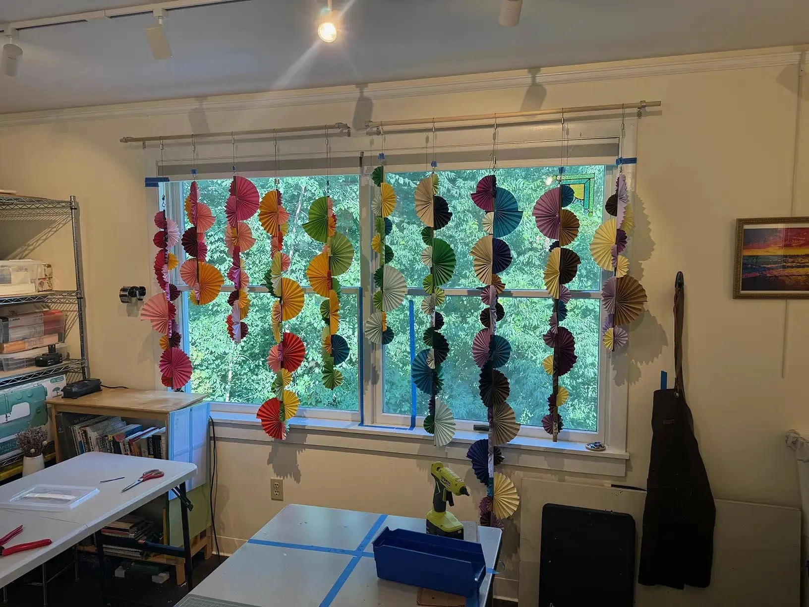 Fan display setup in studio window