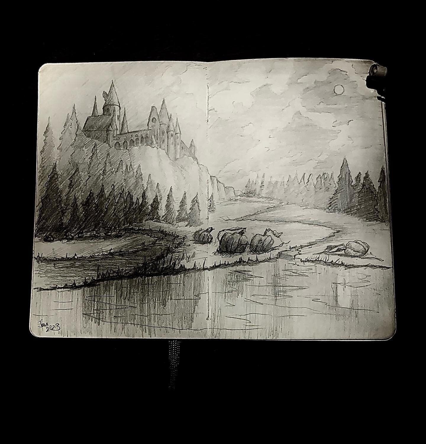 #moleskinesketchbook #moleskineart #moleskineart #hogwarts #harrypotterfanart #harrypotterdrawing #pumpkinsdrawing #pencildrawing #pinetreesdrawings #forbidenforest