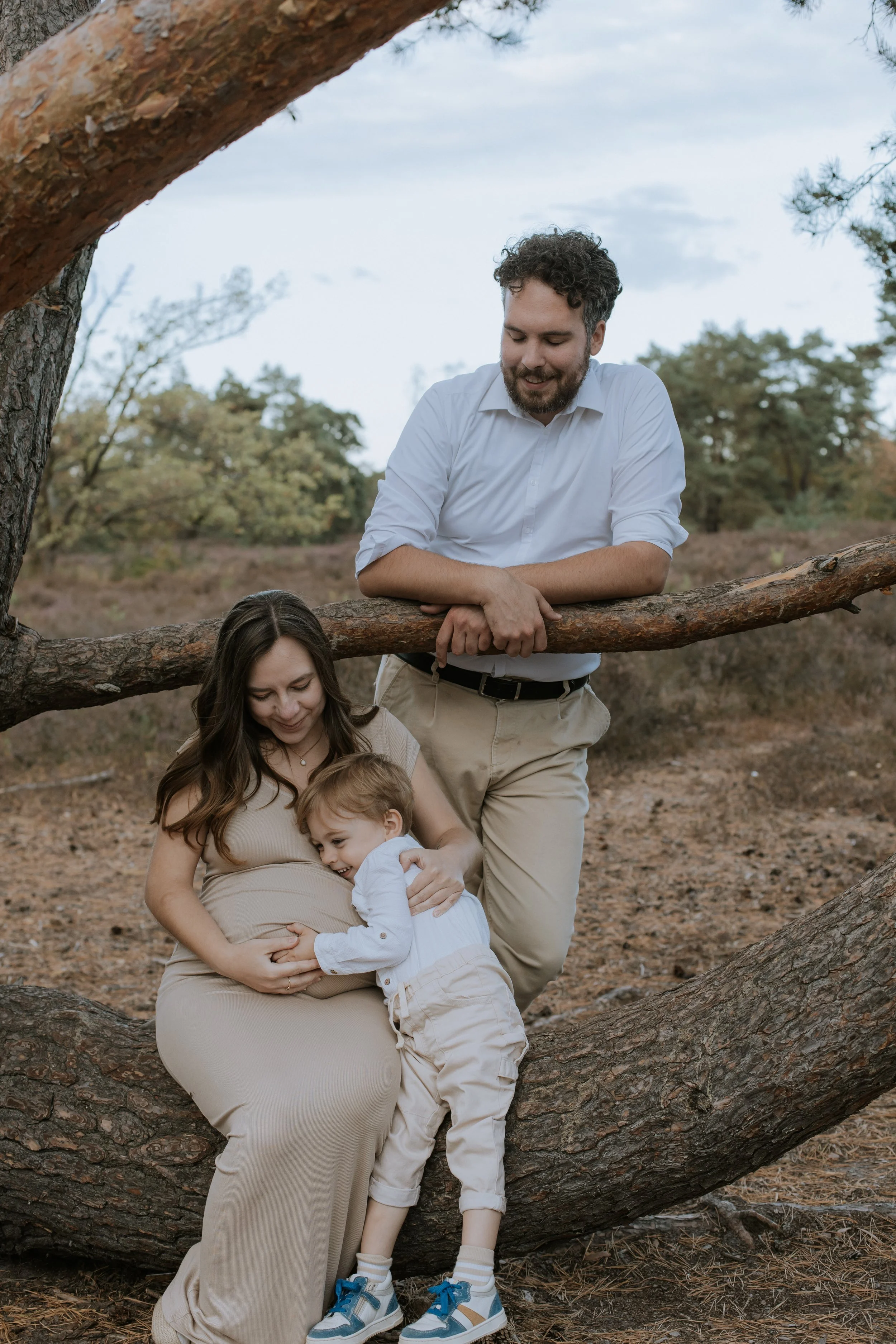 Een zwangerschapsshoot tussen de heide waar het zoontje mama's bolle buik een knuffel geeft.