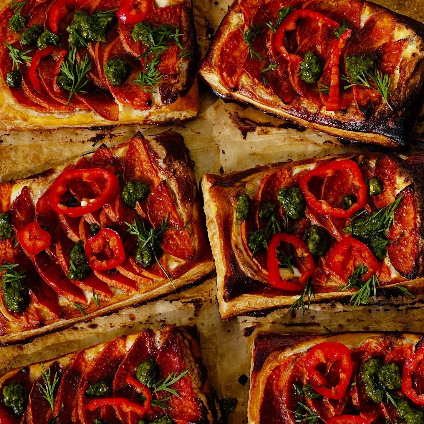 SWEET POTATO CHAAT GALETTES 

Flaky pastry layered with spiced mascarpone, chaat-masala pomegranate molasses maple glazed roasted sweet potatoes, pickled peppers, and a zippy salsa verde.  Cuz here at UFS we&rsquo;re live being extra!!!!

Sweet-tangy