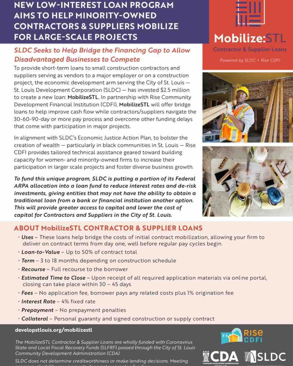 To provide short-term loans to small contractors &amp; suppliers serving as vendors to a major employer or on a construction project, SLDC has invested $2.5 million to create MobilizeSTL Contractor &amp;Suppler Loans.

Learn more: https://www.develop