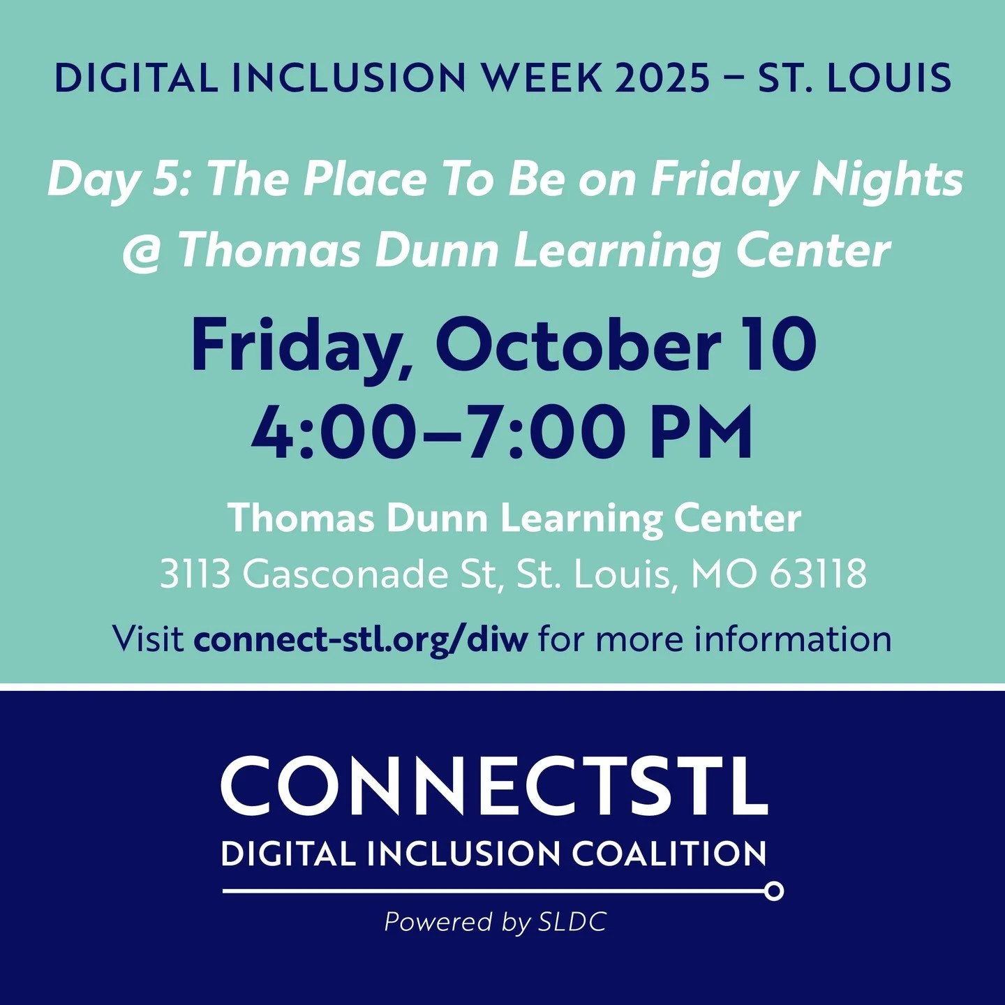 For teens looking for connection, fun &amp; opportunity, #ConnectSTL is hosting The Place To Be on Friday Nights @ Thomas Dunn Learning Center on October 10th from 4 - 7 p.m. #DIW2025.

Details &amp; Registration: https://www.developstlouis.org/event