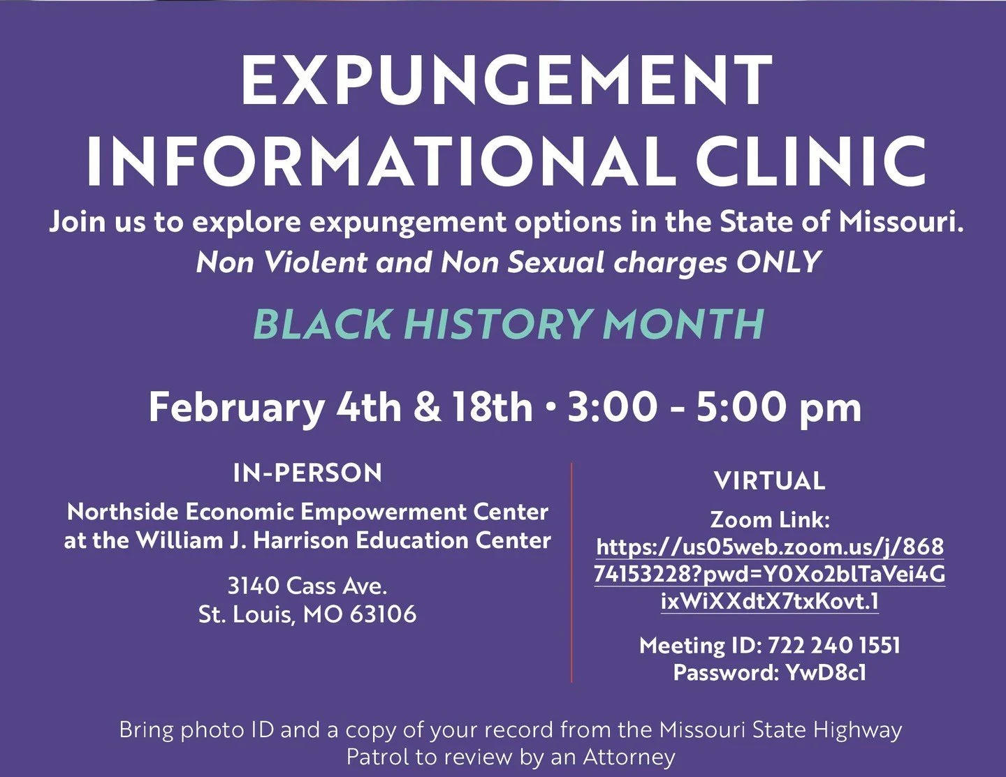 There are two Expungement Informational Clinics coming up on February 4th &amp; 18th. Join us to explore expungement options in the State of Missouri for non-violent &amp; non-sexual charges. Learn more: https://www.developstlouis.org/events