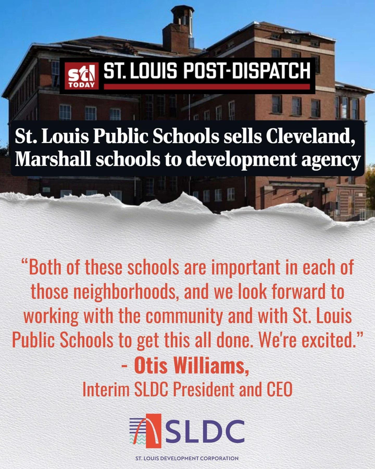 As part of our continued commitment to driving economic growth and revitalizing neighborhoods, St. Louis Development Corporation has acquired two long-vacant historic school buildings from @slps_info.

Both Cleveland High School in Dutchtown and Mars