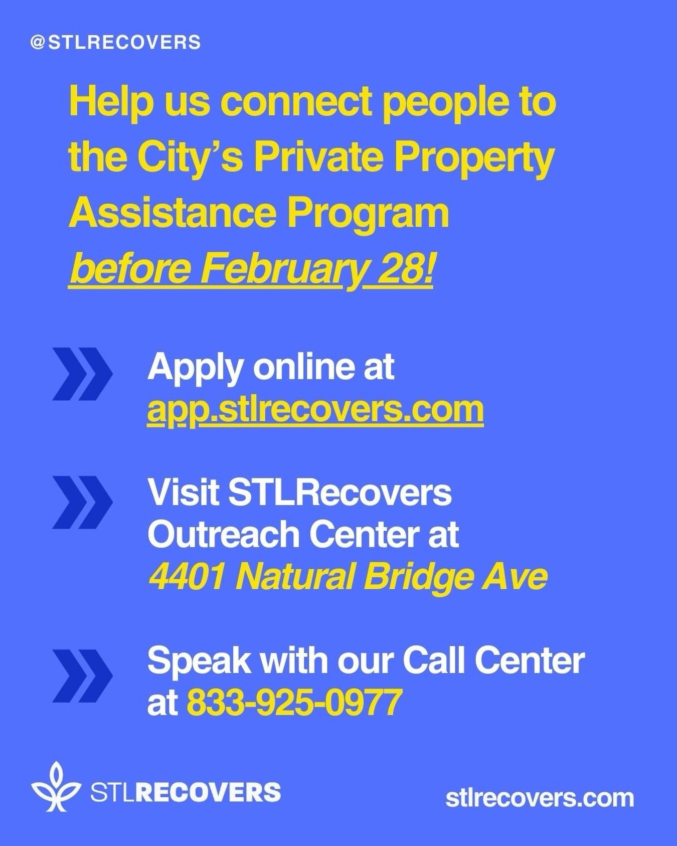 A reminder for St. Louis property and business owners impacted by the May 16, 2025, tornado: The deadline to apply for Private Property Assistance through the City&rsquo;s STL Recovers initiative is Saturday, February 28.

This program is designed to