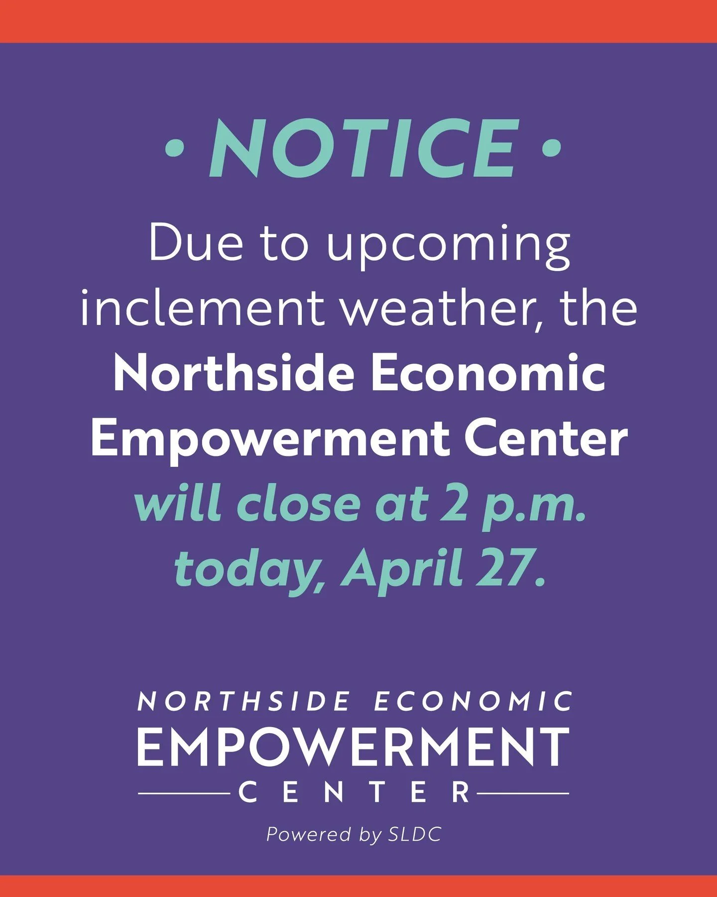 Due to upcoming inclement weather today (April 27), the NEEC will close at 2 p.m. All of today's sessions after 2 p.m. will be rescheduled at a later date. Stay up-to-date on SLDC's events: https://www.developstlouis.org/events