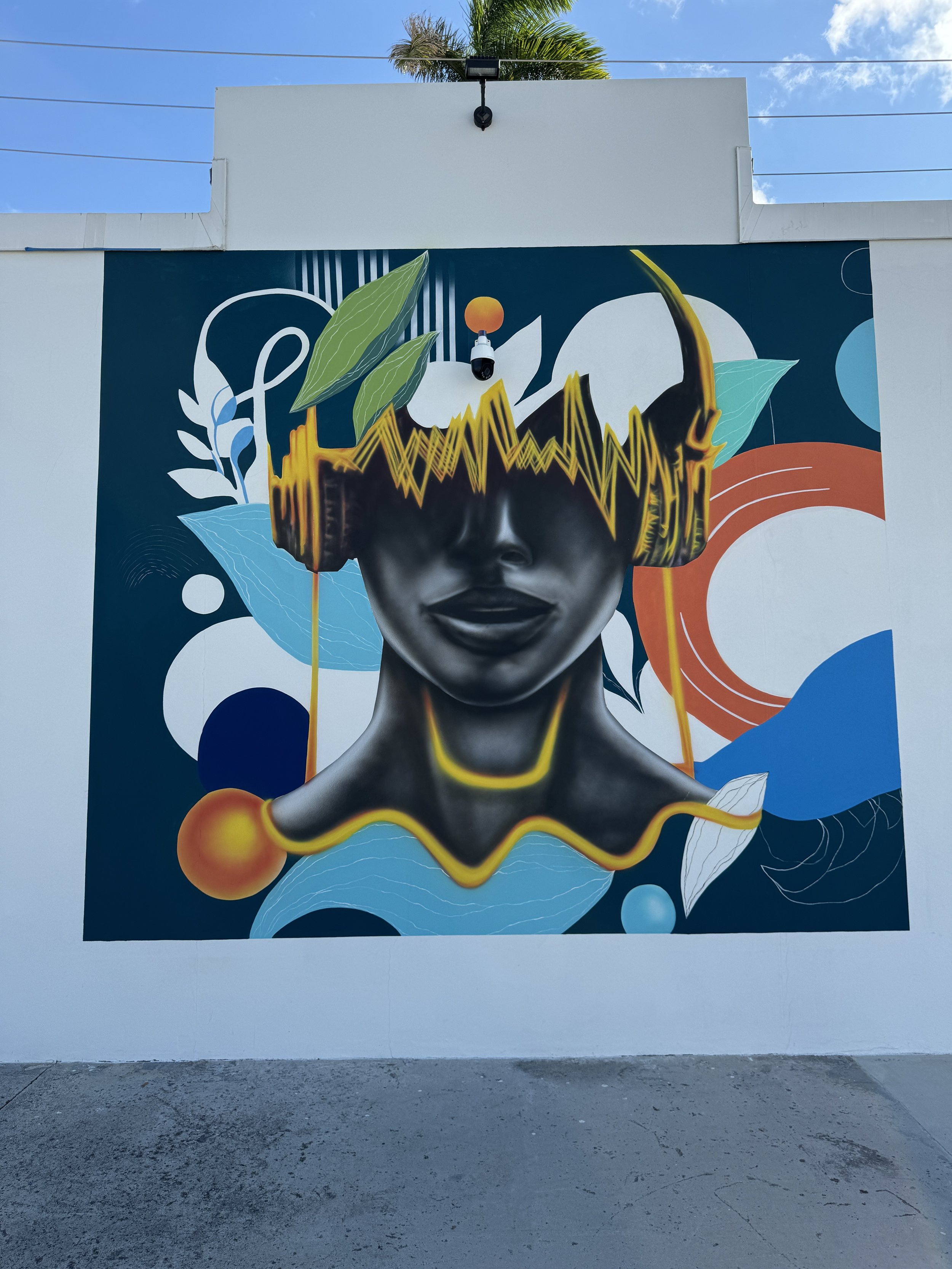 Contemporary mural of a woman with headphones and abstract sound waves